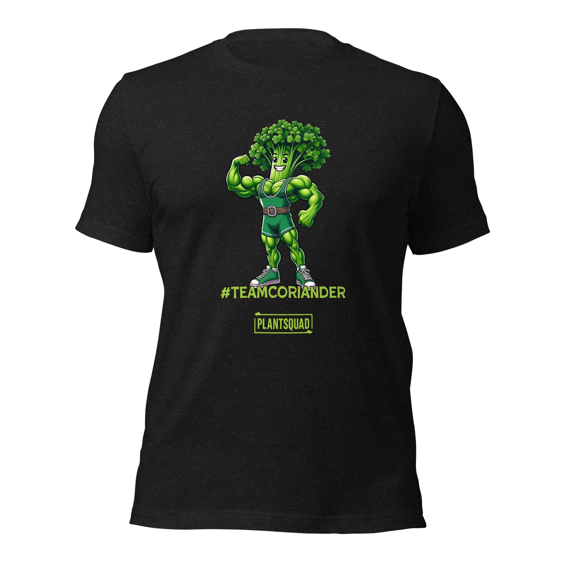 A black t-shirt featuring a cartoon anthropomorphic broccoli character flexing its muscles. The character is wearing a green singlet and sneakers. Text underneath reads "#TEAMCORIANDER" and "PLANTSQUAD" in bright green and yellow lettering, proudly showcasing your plantsquad spirit. This is the Plantsquad Coriander "Team Coriander" - Unisex T-Shirt.