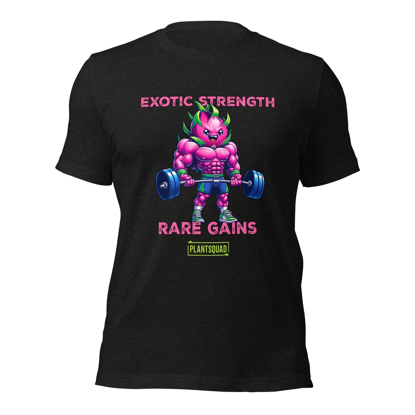 A Plantsquad Dragonfruit "Exotic Strength Rare Gains" - Unisex T-Shirt featuring a muscular anthropomorphic plant figure lifting a barbell. The character boasts bright purple skin and green leaves. Above the figure, text reads "EXOTIC STRENGTH," and below, "RARE GAINS." A small logo at the bottom proudly displays "PLANTSQUAD.