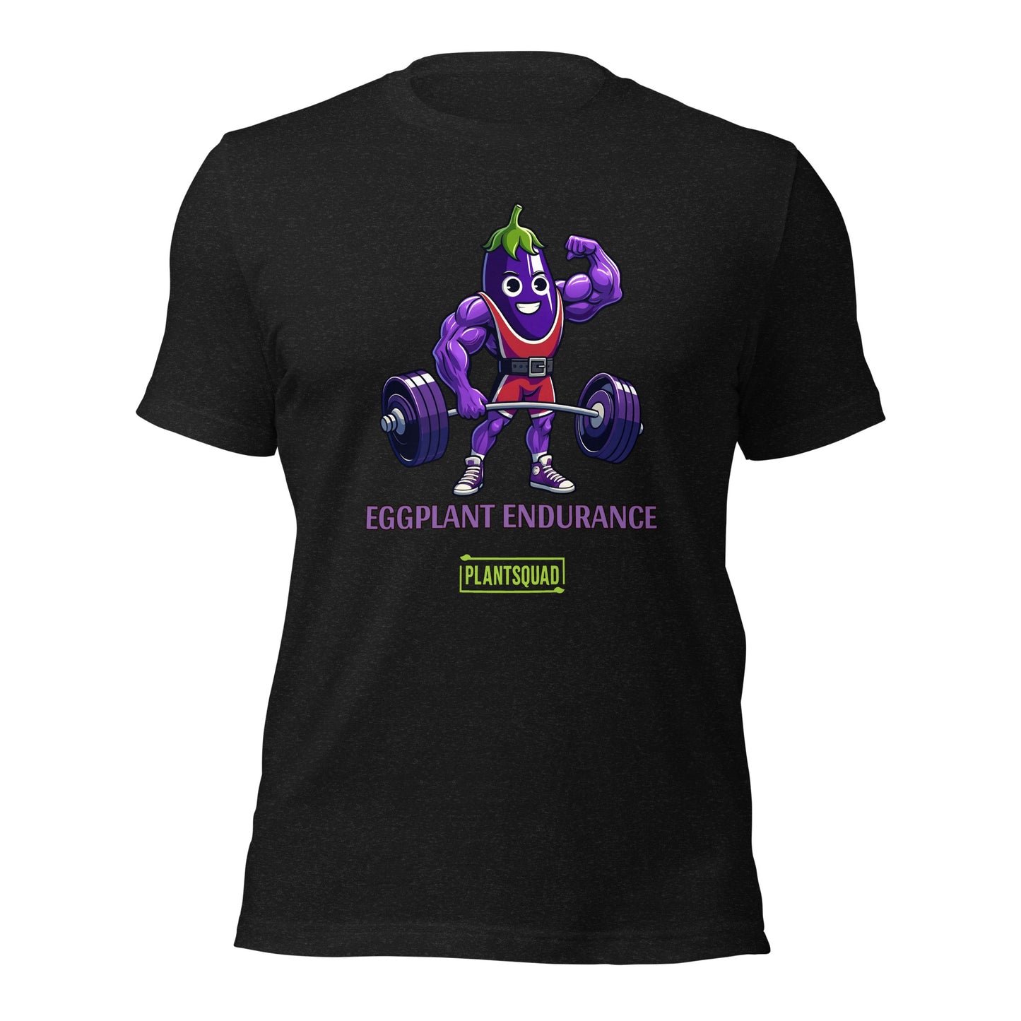 A Plantsquad Eggplant "Eggplant Endurance" - Unisex T-Shirt featuring a muscular animated eggplant character wearing a red and white athletic outfit, lifting a barbell. The text reads "Eggplant Endurance" above "Plantsquad" in green.