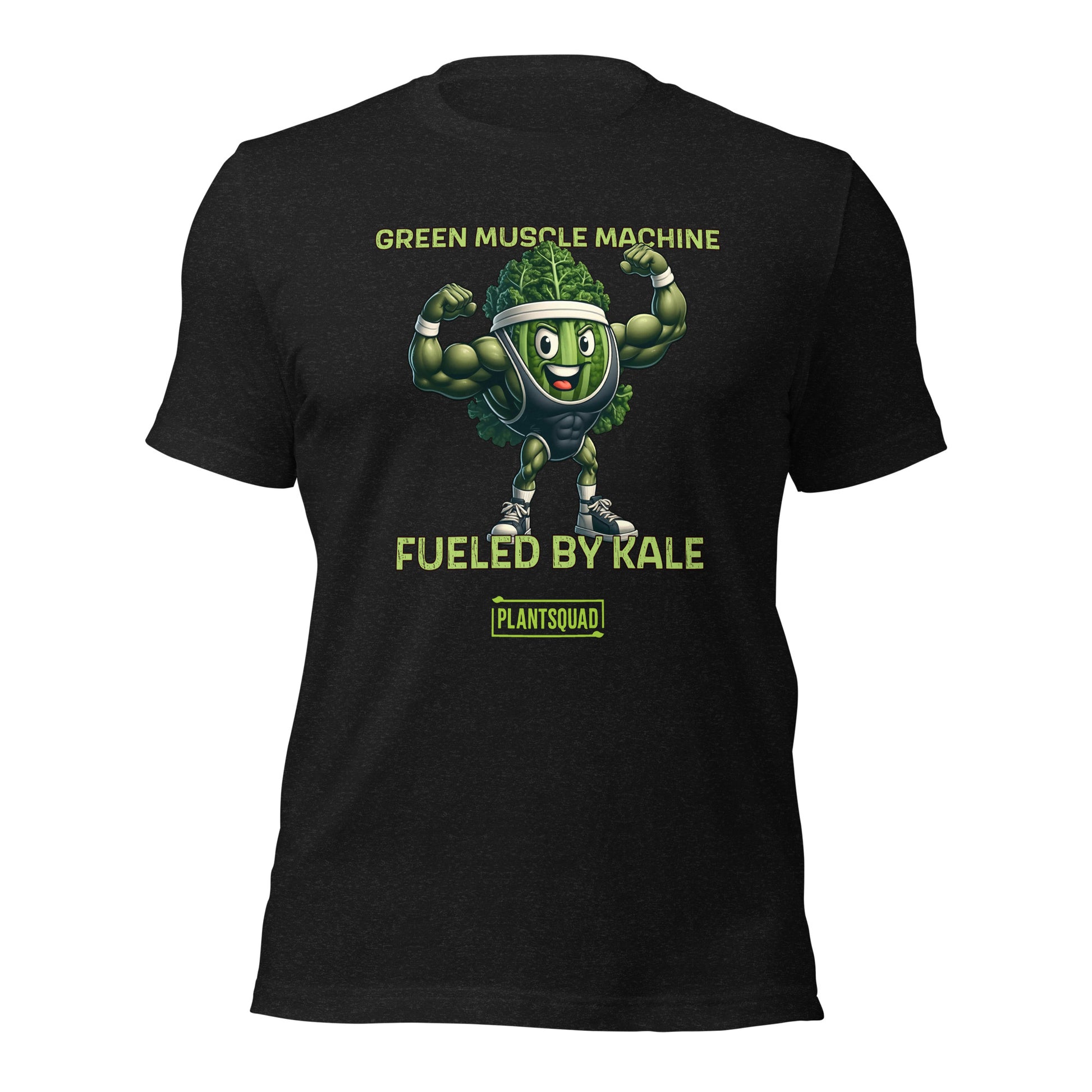 Plantsquad Kale "Green Muscle Machine Fueled By Kale" - Unisex T-Shirt featuring a cartoon kale character with muscular arms, flexing and smiling. The shirt displays the text "GREEN MUSCLE MACHINE" above the character and "FUELED BY KALE" below. Proudly wear your "PLANTSQUAD" mantra at the bottom of this unique design.
