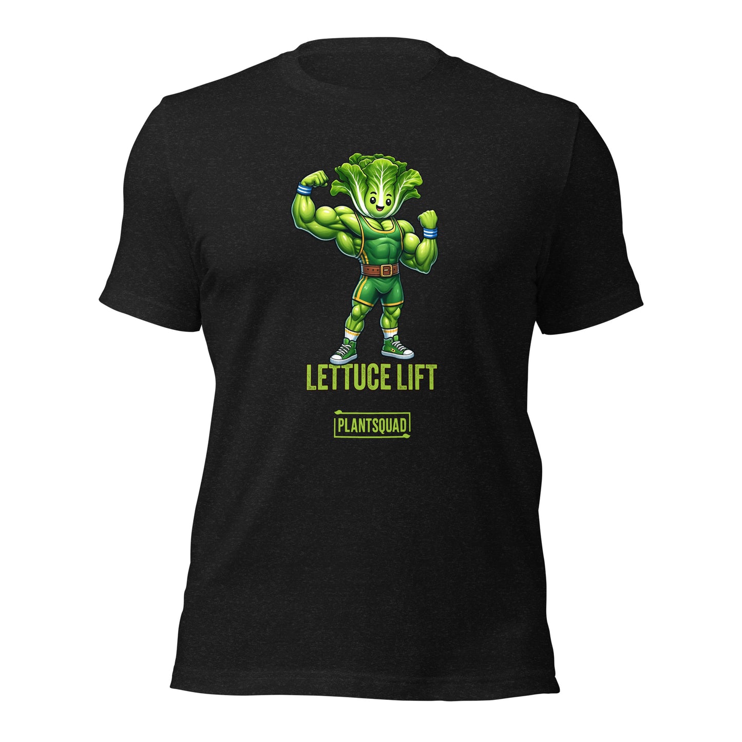 A Plantsquad Lettuce "Lettuce Lift" - Unisex T-Shirt featuring a muscular anthropomorphic lettuce flexing its arms. Below the image, the text reads "LETTUCE LIFT" in bold green letters, with "PLANTSQUAD" in a smaller font—perfect for fitness enthusiasts embracing a plant-based lifestyle.