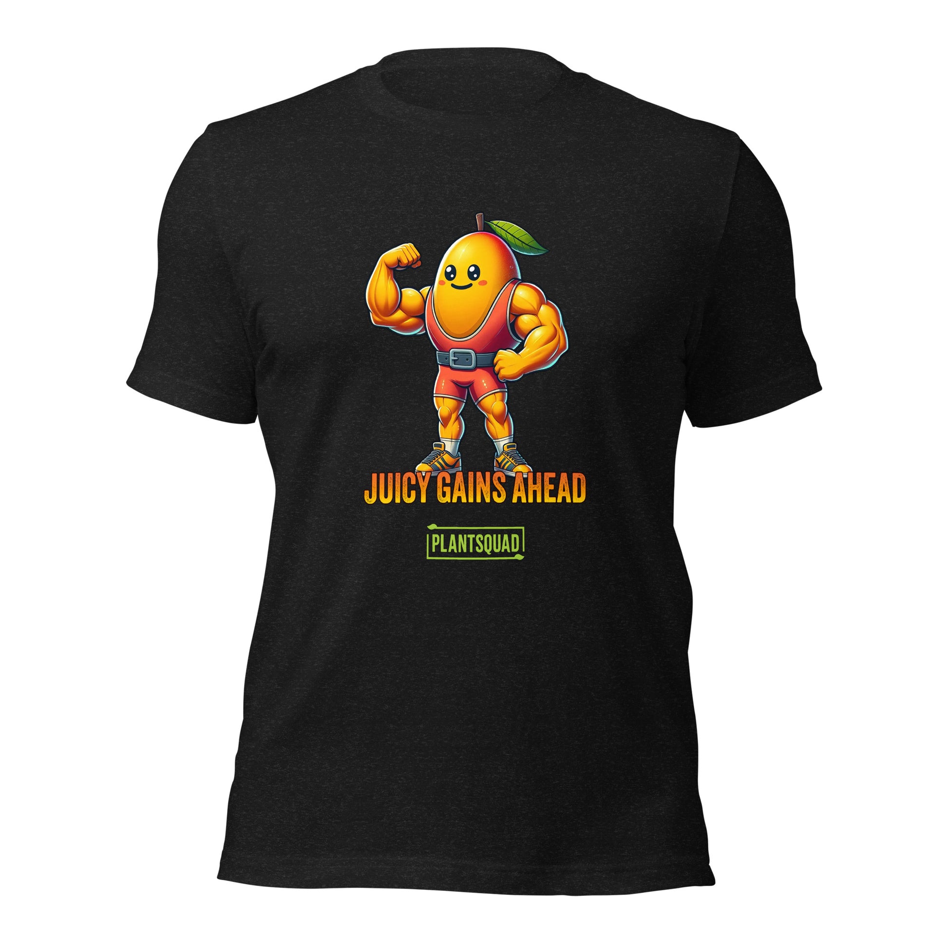 A black Plantsquad Mango "Juicy Gains Ahead" - Unisex T-Shirt featuring a muscular, anthropomorphic orange fruit character with a leaf on its head, flexing its biceps. Text below the character reads "JUICY GAINS AHEAD" with "PLANTSQUAD" in a box underneath. Perfect fitness apparel for those living a plant-based lifestyle.