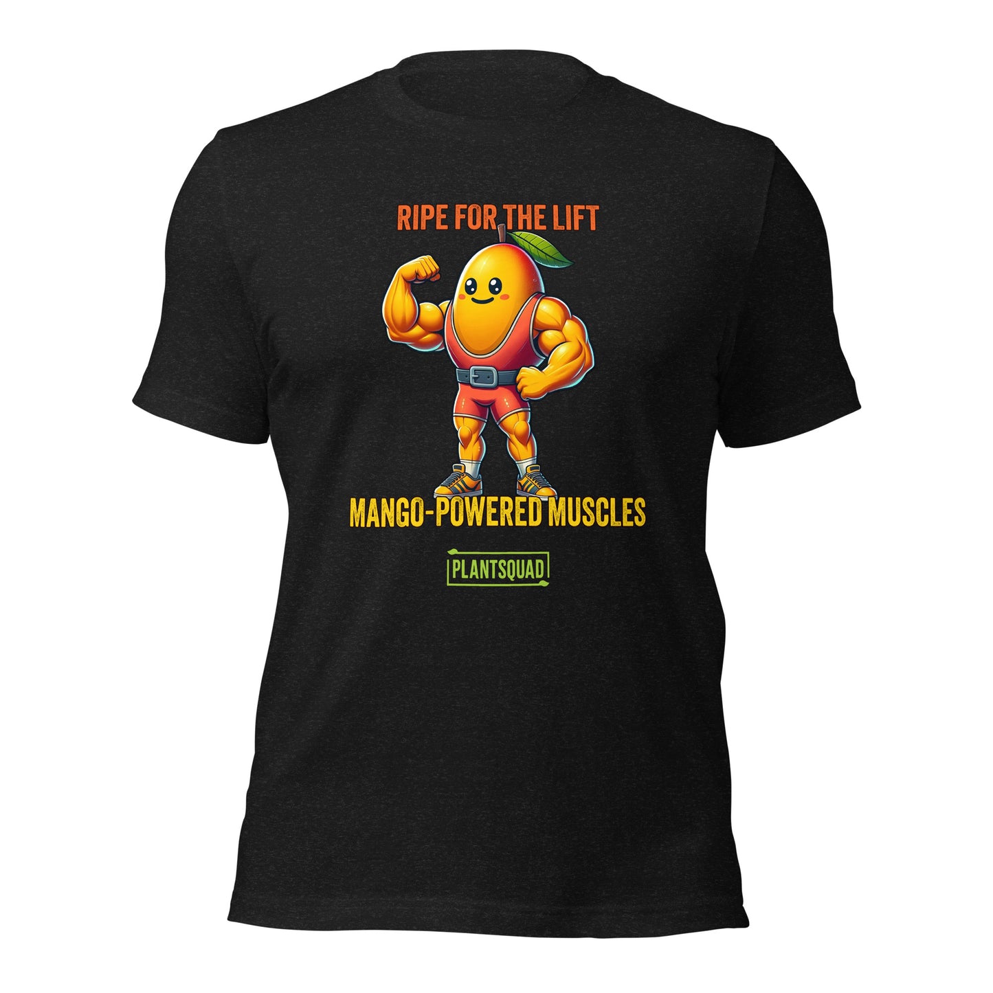 Plantsquad Mango "Ripe For The Lift Mango-Powered Muscles" - Unisex T-Shirt featuring a muscular cartoon mango character flexing its bicep. Above the character, the text reads "RIPE FOR THE LIFT," and below, "MANGO-POWERED MUSCLES." Perfect for fitness enthusiasts who embrace a vegan lifestyle. At the bottom, a green rectangle with "PLANTSQUAD" is displayed.