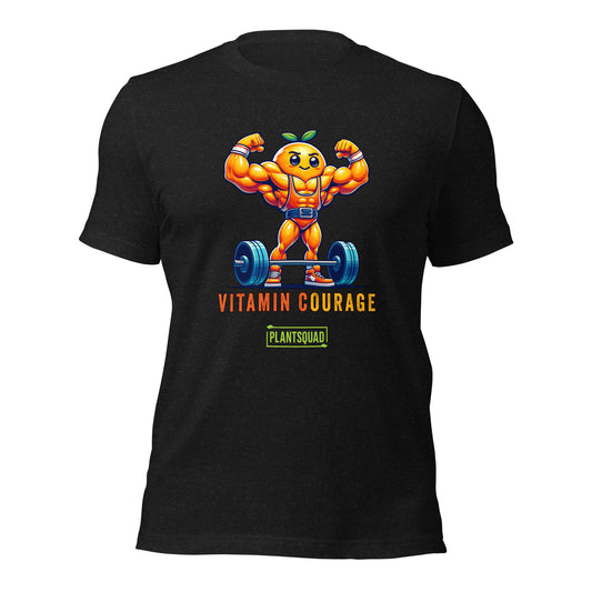 Plantsquad Orange "Vitamin Courage" - Unisex T-Shirt featuring a muscular, anthropomorphic orange lifting a barbell. The text reads "VITAMIN COURAGE" above and "PLANTSQUAD" inside a green rectangle below the image, perfect for fitness enthusiasts and those embracing a plant-based lifestyle.