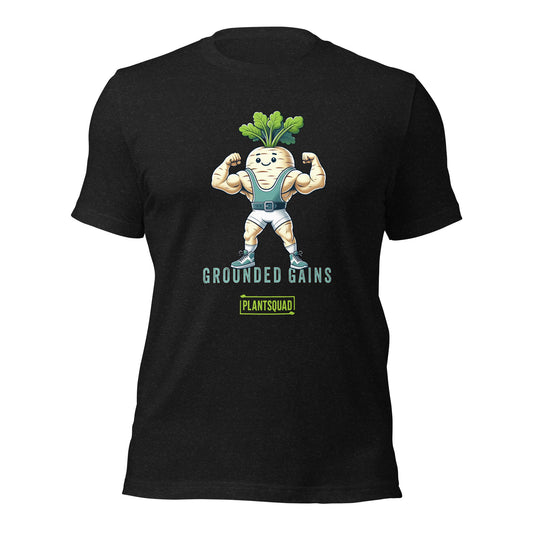 A black vegan T-shirt featuring an illustration of a muscular radish character flexing its arms. Above the character are the words "Grounded Gains," and below is a green box with "Plantsquad" written inside. The design promotes plant-based strength and fitness apparel for a plant-based lifestyle. 

Product Name: Plantsquad Parsnip "Grounded Gains" - Unisex T-Shirt