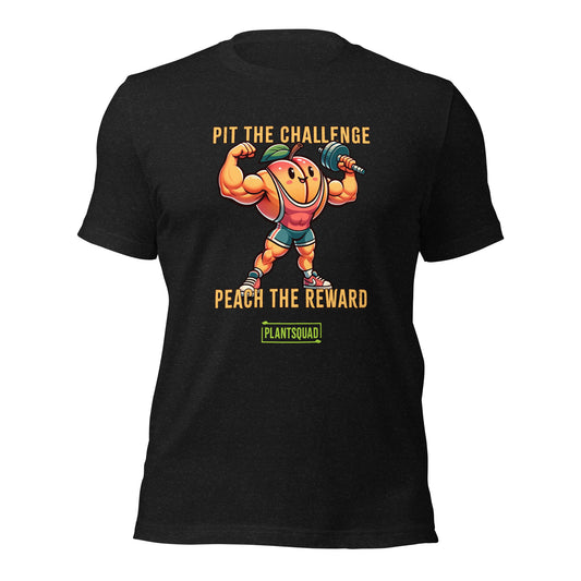 A Plantsquad Peach "Pit The Challenge Peach The Rewards" - Unisex T-Shirt with a graphic of a muscular peach character lifting a barbell. The text above and below the character reads, "Pit the challenge, Peach the reward." Made from high-quality breathable fabric, it features a green logo saying "Plantsquad" at the bottom—perfect for fitness enthusiasts embracing a vegan lifestyle.