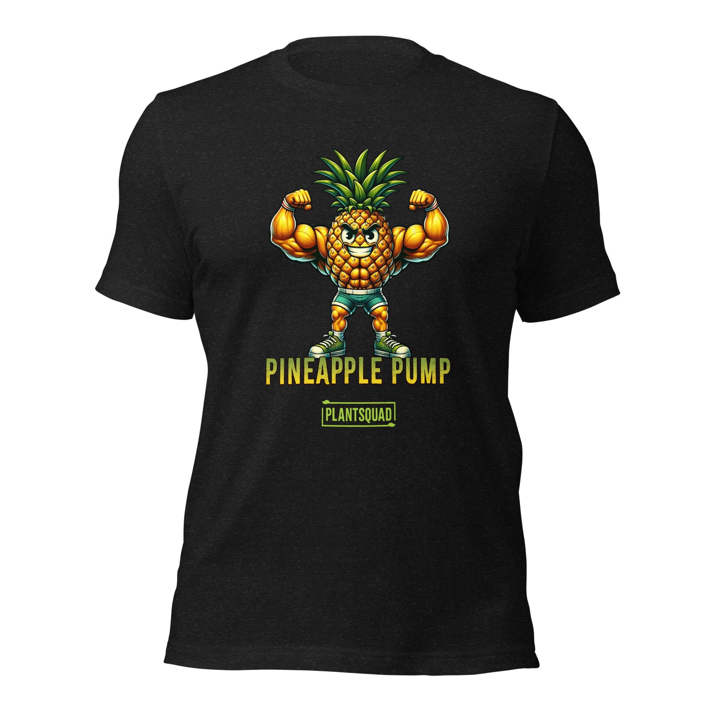 A black Plantsquad Pineapple "Pineapple Pump" - Unisex T-Shirt featuring an illustration of a muscular pineapple character flexing its biceps. Perfect for fitness enthusiasts, the text "Pineapple Pump" is written below, along with a yellow rectangular logo that says "Plantsquad," promoting a fun vegan lifestyle.