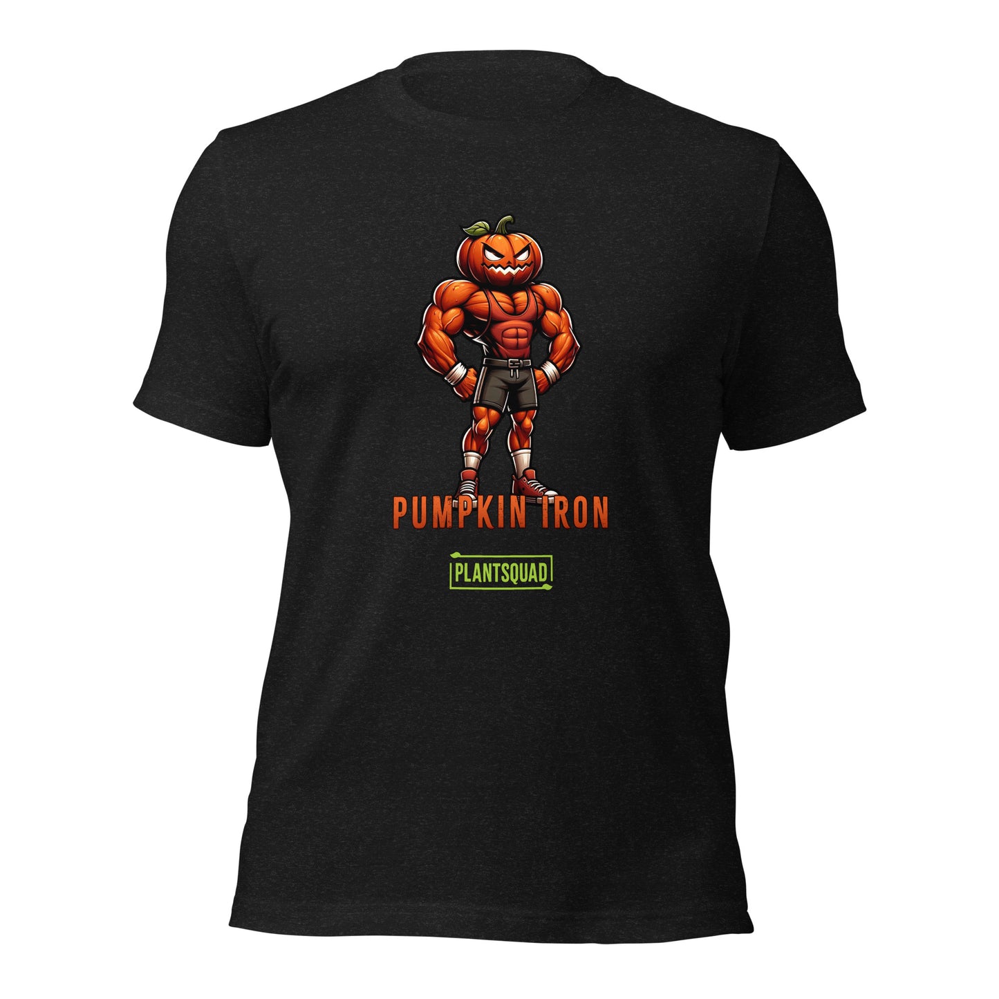 A Plantsquad Pumpkin "Pumpkin Iron" - Unisex T-Shirt featuring a muscular pumpkin-headed character flexing its arms. The character is wearing shorts, trainers, and gloves. The text "PUMPKIN IRON" is displayed in bold orange letters below the character, with "PLANTSQUAD" in green beneath it—perfect for fitness enthusiasts with a vegan lifestyle.