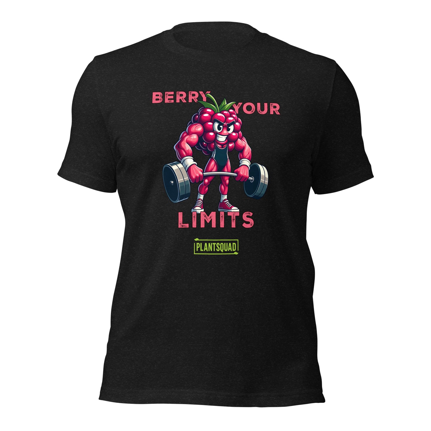 A black t-shirt displays a muscular anthropomorphic berry lifting dumbbells. Above, text reads, "Berry Your Limits," celebrating vegan fitness. At the bottom, the word "PlantSquad" is enclosed in a green box. The berry character is detailed with sneakers and a prominent expression.

Product Name: Plantsquad Raspberry "Berry Your Limits" - Unisex T-Shirt