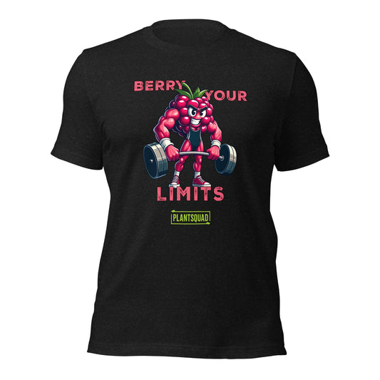 A black t-shirt displays a muscular anthropomorphic berry lifting dumbbells. Above, text reads, "Berry Your Limits," celebrating vegan fitness. At the bottom, the word "PlantSquad" is enclosed in a green box. The berry character is detailed with sneakers and a prominent expression.

Product Name: Plantsquad Raspberry "Berry Your Limits" - Unisex T-Shirt