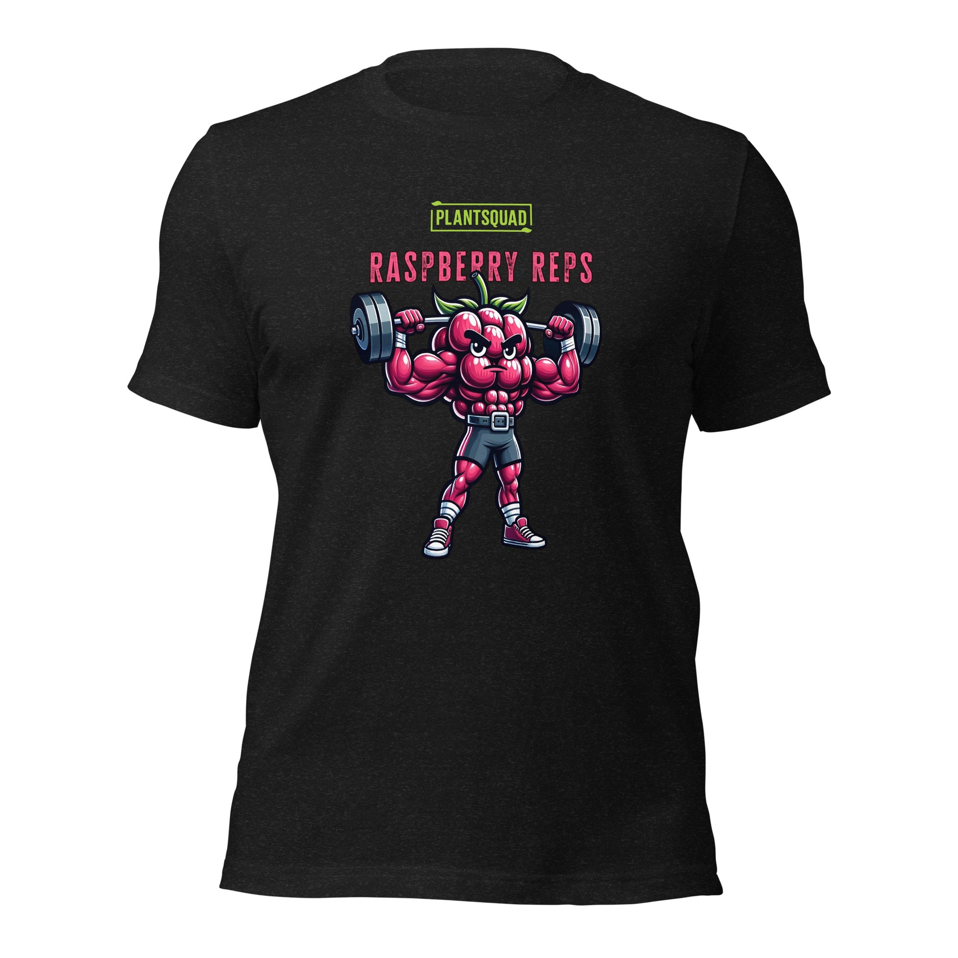 A black Plantsquad Raspberry "Raspberry Reps" - Unisex T-Shirt features a muscular raspberry lifting weights. Above the raspberry, the text reads "PLANTSQUAD" in green and "RASPBERRY REPS" in pink. The flexing raspberry character highlights vegan fitness while holding dumbbells—a perfect addition to your plant-based lifestyle collection.