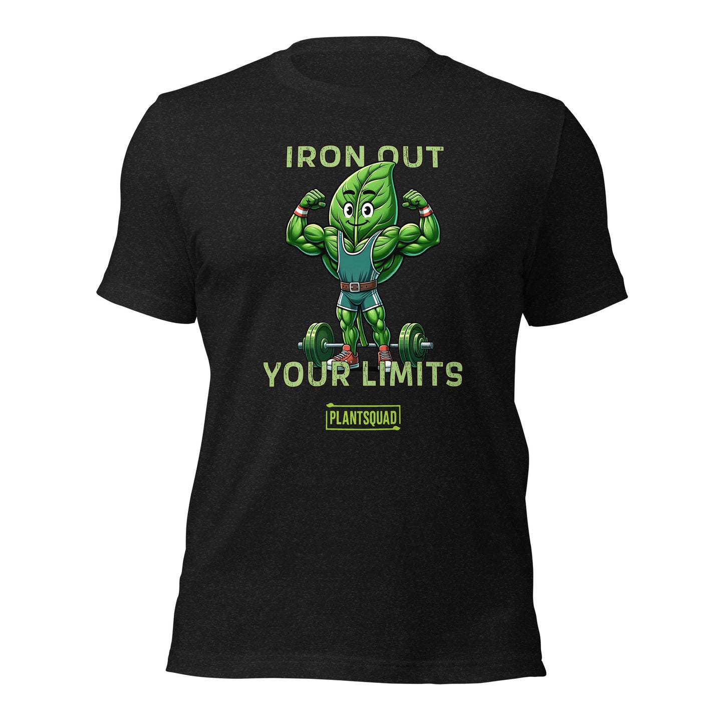 A black Plantsquad Spinach "Iron Out Your Limits" - Unisex T-Shirt featuring a muscular cartoon green leaf character lifting a barbell, with the text "IRON OUT YOUR LIMITS" above and below the character. Embrace your vegan lifestyle with the word "PLANTSQUAD" at the bottom in a small rectangular green box.