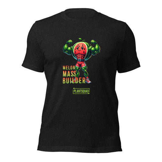 A black gym T-shirt features a muscly watermelon cartoon character flexing its arms. The text reads "Melon Mass Builder" in large colorful letters, with "Plant Squad" written below. Perfect for those embracing a vegan lifestyle, the design is bold and vibrant. The product name is: Plantsquad Watermelon "Melon Mass Builder" - Unisex T-Shirt.