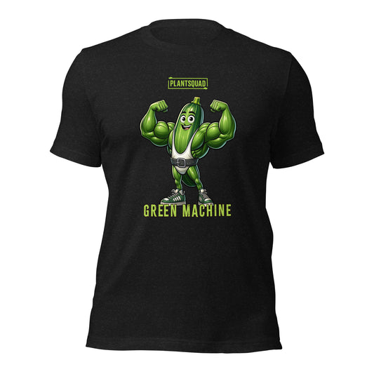 A black Plantsquad Zucchini "Green Machine" - Unisex T-Shirt featuring a muscular, anthropomorphic green vegetable character flexing its biceps. Above the character, the text reads "PLANTSQUAD," and below it, "GREEN MACHINE" is written in bold letters, perfect for those embracing a vegan lifestyle.