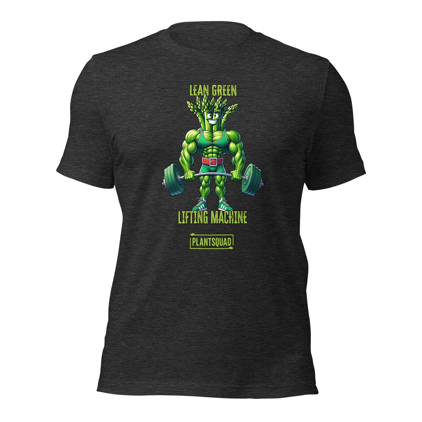 A black T-shirt featuring a muscular green creature holding barbells, under the text "LEAN GREEN LIFTING MACHINE." Below the graphic, a text box proudly reads "Plantsquad Asparagus 'Lean Green Lifting Machine' - Unisex T-Shirt" to represent your team.