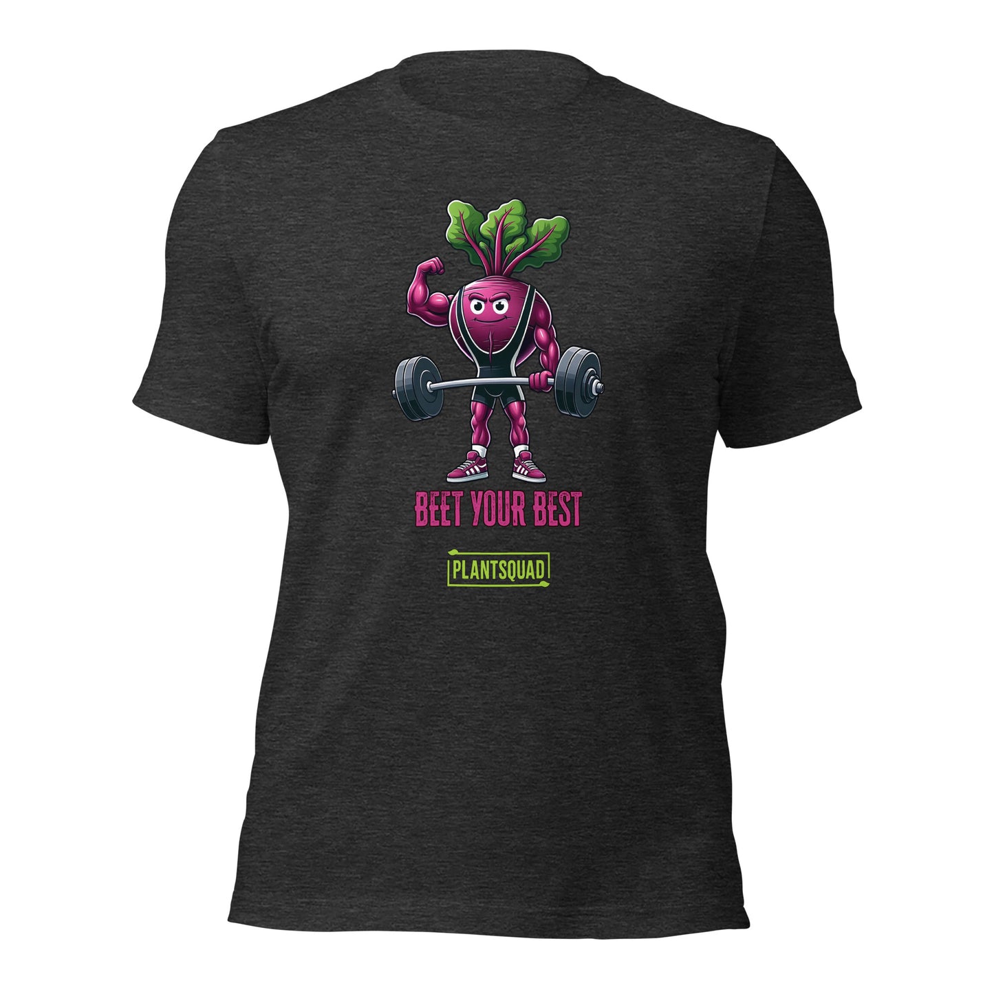 A Plantsquad Beetroot "Beet Your Best" - Unisex T-Shirt featuring a cartoon beetroot lifting weights with a determined expression. Above the beetroot, the text reads, "BEET YOUR BEST," while below it, "PLANTSQUAD" is showcased in a green box.