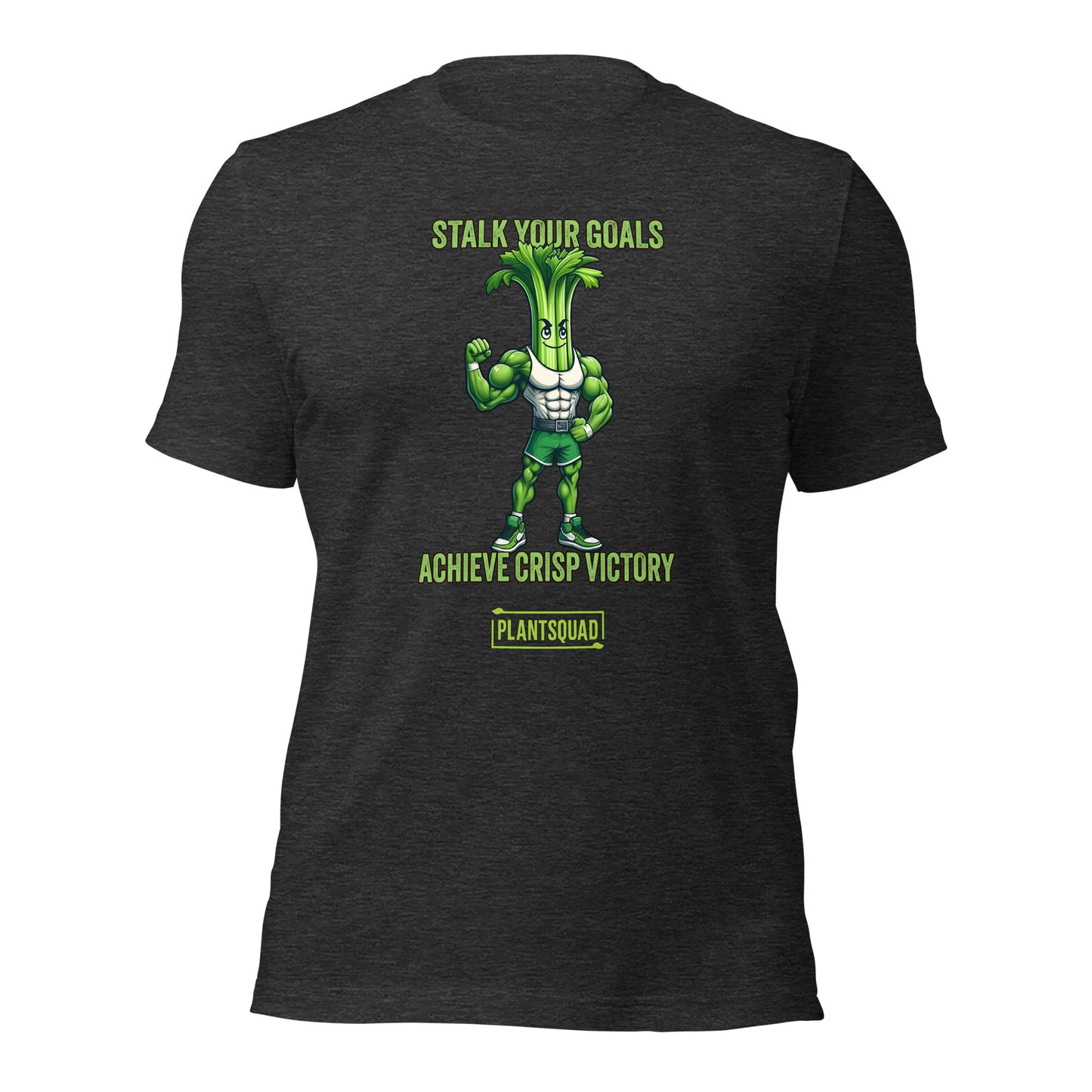 A Plantsquad Celery "Stalk Your Goals Achieve Crisp Victory" - Unisex T-Shirt featuring an illustration of a muscular celery stalk character flexing its arm. The shirt proudly displays "STALK YOUR GOALS" at the top and "ACHIEVE CRISP VICTORY" below the character, with "PLANTSQUAD" showcased in a box at the bottom. Perfect for any plantsquad enthusiast!