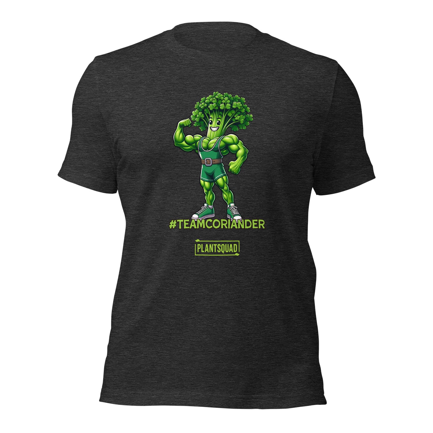 A black t-shirt featuring a cartoon anthropomorphic broccoli character flexing its muscles. The character is wearing a green singlet and sneakers. Text underneath reads "#TEAMCORIANDER" and "PLANTSQUAD" in bright green and yellow lettering, proudly showcasing your plantsquad spirit. This is the Plantsquad Coriander "Team Coriander" - Unisex T-Shirt.