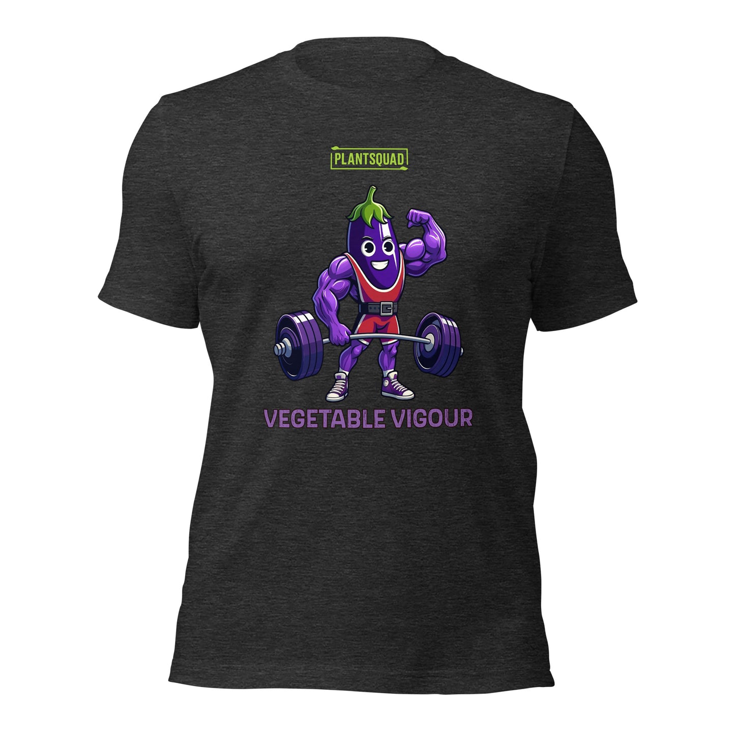 A Plantsquad Eggplant "Vegetable Vigour" - Unisex T-Shirt featuring a cartoon eggplant character lifting a heavy barbell. The muscular, smiling eggplant sports red shorts and green hair. Above the character, it proudly reads "PLANTSQUAD," with "VEGETABLE VIGOUR" in bold purple letters below.