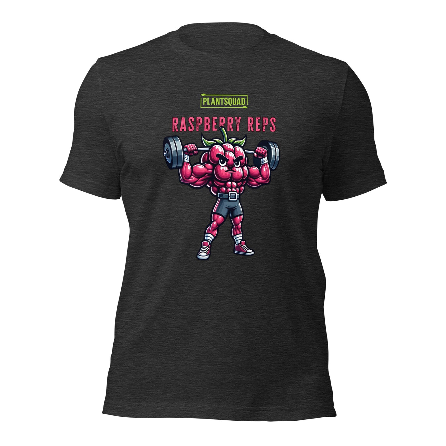 A black Plantsquad Raspberry "Raspberry Reps" - Unisex T-Shirt features a muscular raspberry lifting weights. Above the raspberry, the text reads "PLANTSQUAD" in green and "RASPBERRY REPS" in pink. The flexing raspberry character highlights vegan fitness while holding dumbbells—a perfect addition to your plant-based lifestyle collection.