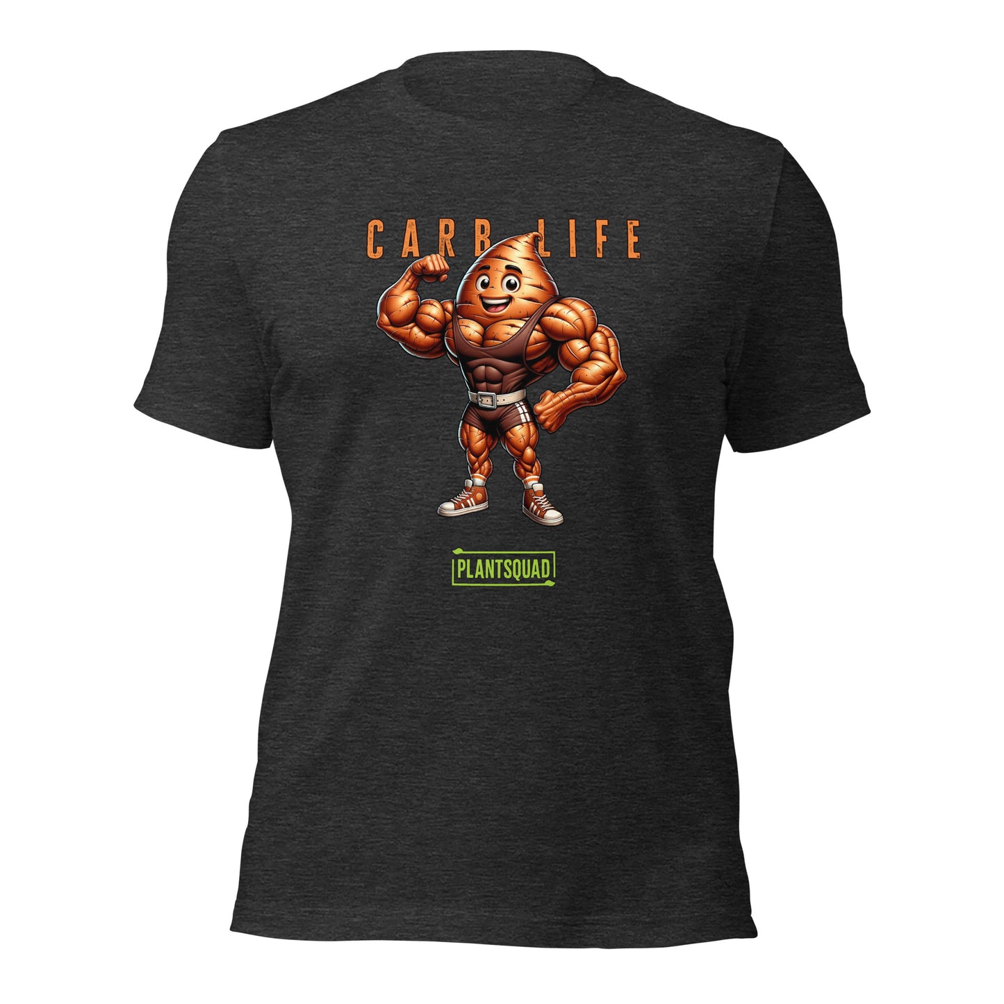 Plantsquad Sweet Potato "Carb Life" - Unisex T-Shirt featuring a muscular, flexing potato character with a smiley face. Above the character, text reads "CARB LIFE" in bold letters. Below the character, the word "PLANTSQUAD" appears in a green banner. Perfect for those embracing a plant based lifestyle and looking for unique fitness clothing.