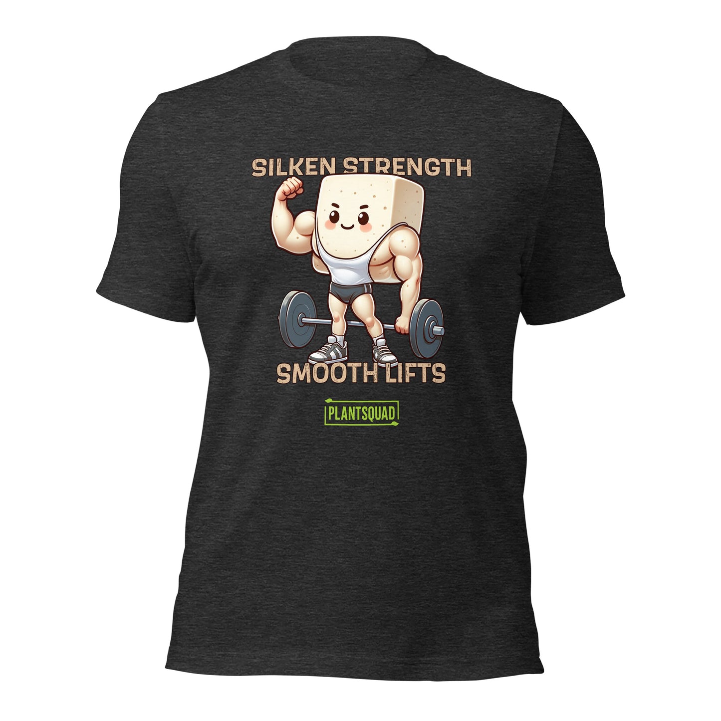 A black Plantsquad Tofu "Silken Strength Smooth Lifts" - Unisex T-Shirt featuring a muscly tofu cartoon character lifting weights. The text reads "Silken Strength" above the character and "Smooth Lifts" below. A green label with "PLANTSQUAD" at the bottom celebrates your plant-based lifestyle.