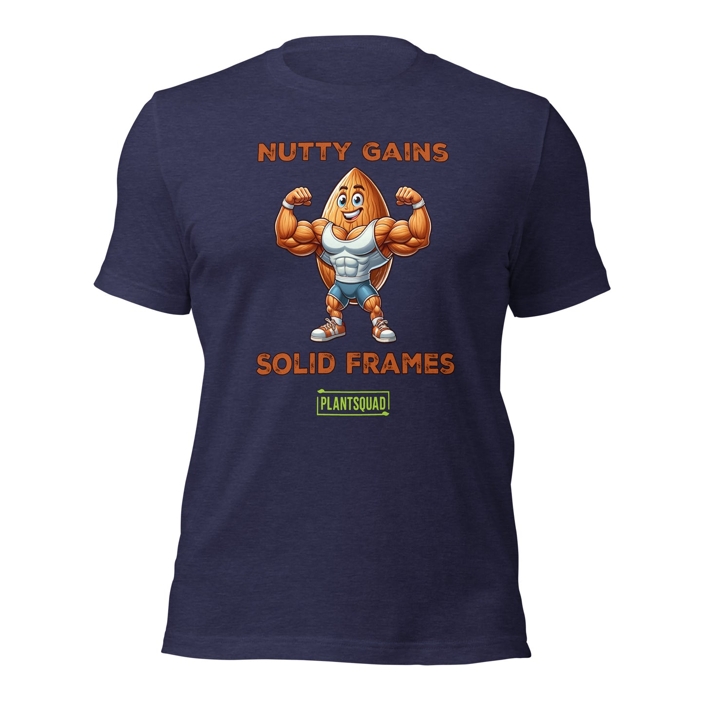 A black T-shirt features a muscular cartoon peanut character flexing its arms. Above the character, text reads "Nutty Gains," and below, "Solid Frames." The Plantsquad Almond "Nutty Gains Solid Frames" - Unisex T-Shirt logo appears at the bottom in green.