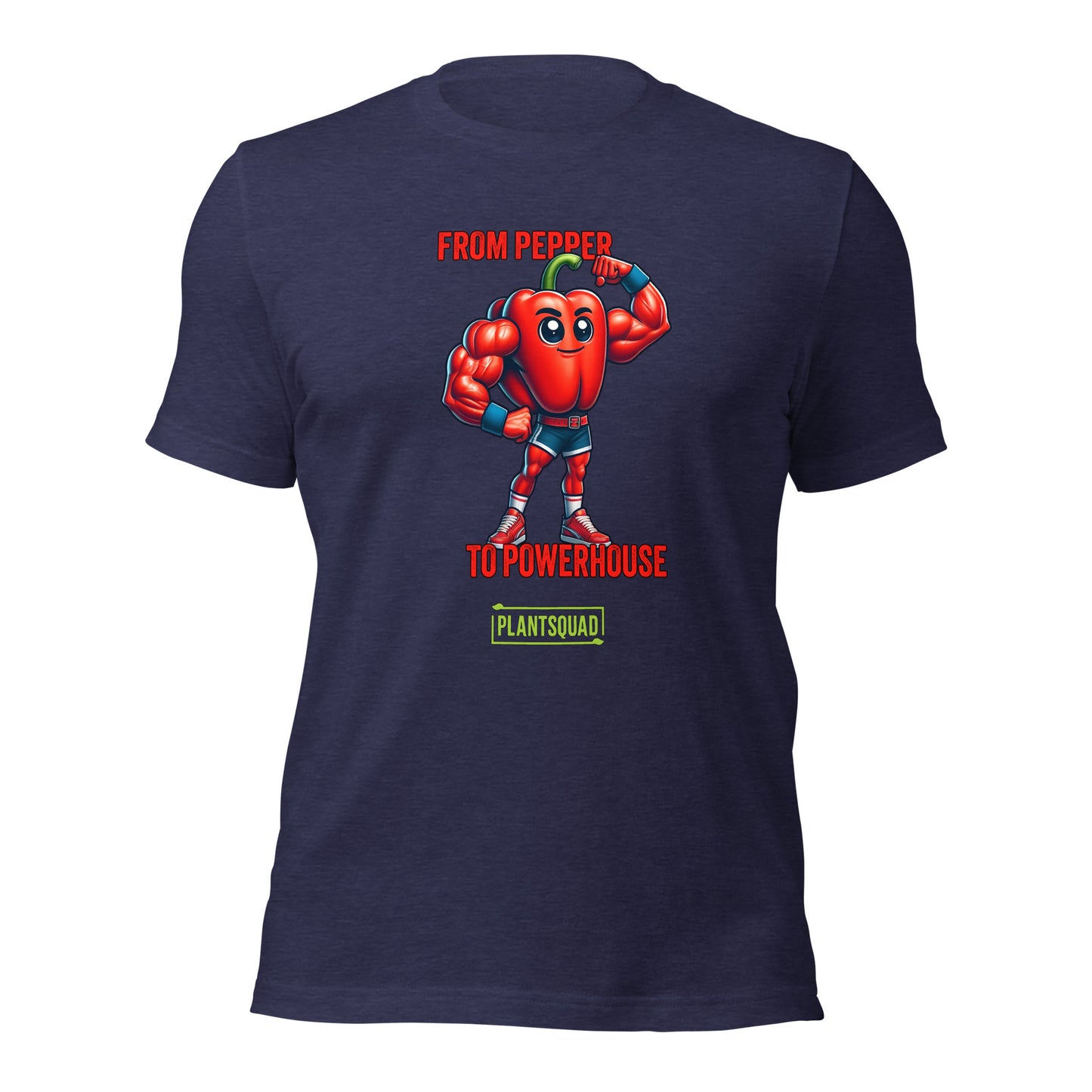 The Plantsquad Capsicum "From Pepper To Powerhouse" - Unisex T-Shirt features a muscular cartoon red bell pepper wearing a superhero outfit with a blue mask and gloves. The text above the character reads "FROM PEPPER TO POWERHOUSE" and below it, #PLANTSQUAD is displayed in a green box.