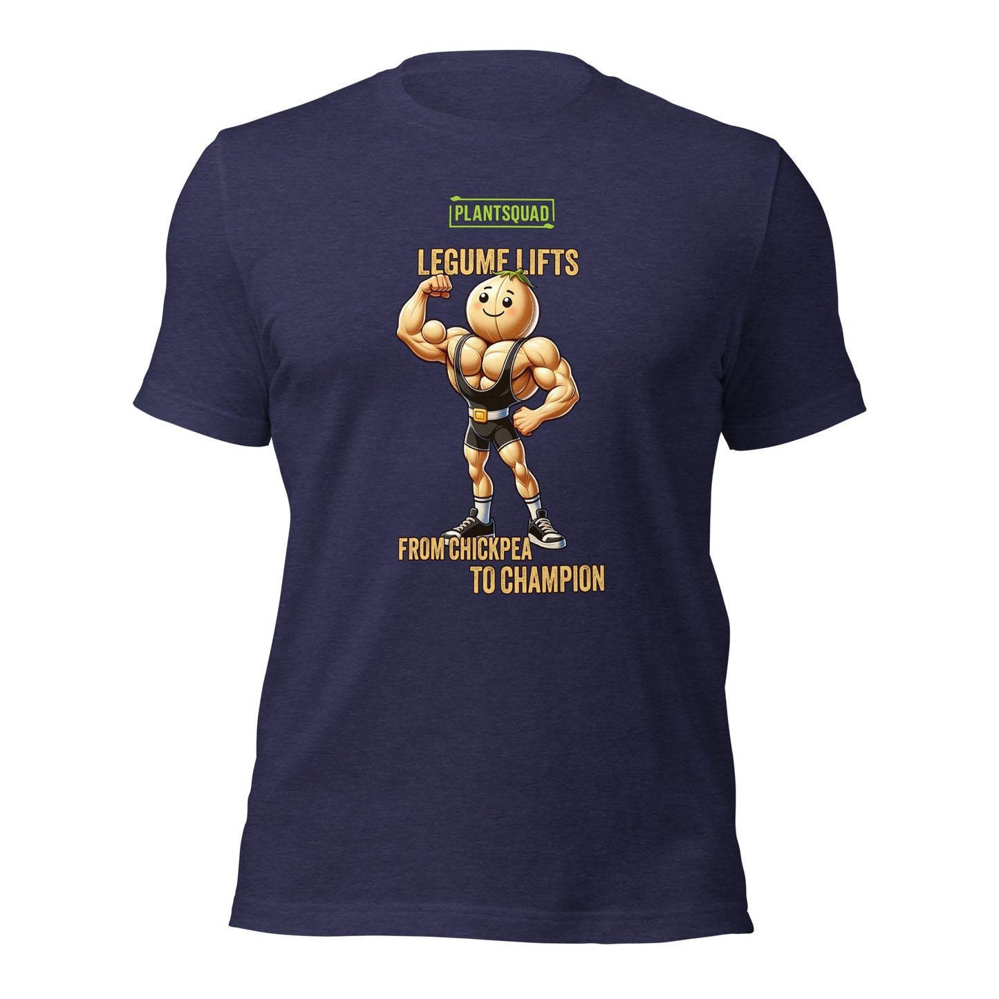 A black T-shirt featuring a muscular, anthropomorphic chickpea in a black singlet. The text reads, "PLANTSQUAD LEGUME LIFTS FROM CHICKPEA TO CHAMPION." The chickpea is flexing its biceps and smiling confidently. This is the Plantsquad Chickpea "Legume Lifts" - Unisex T-Shirt.