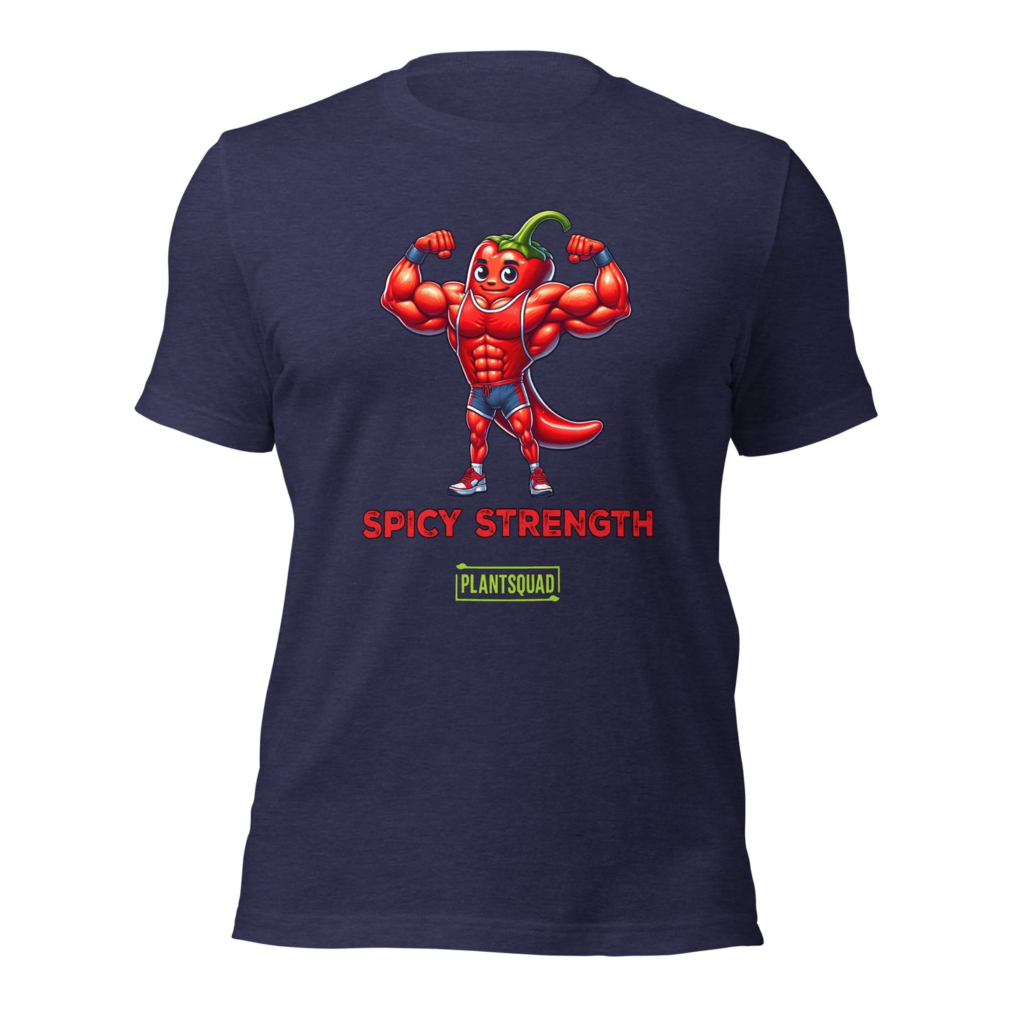 Plantsquad Chilli "Spicy Strength" - Unisex T-Shirt: A black T-shirt featuring a muscular cartoon chili pepper flexing its arms under the words "SPICY STRENGTH" in bold red text. Below that is the green and yellow Plantsquad logo, adding a touch of flair.