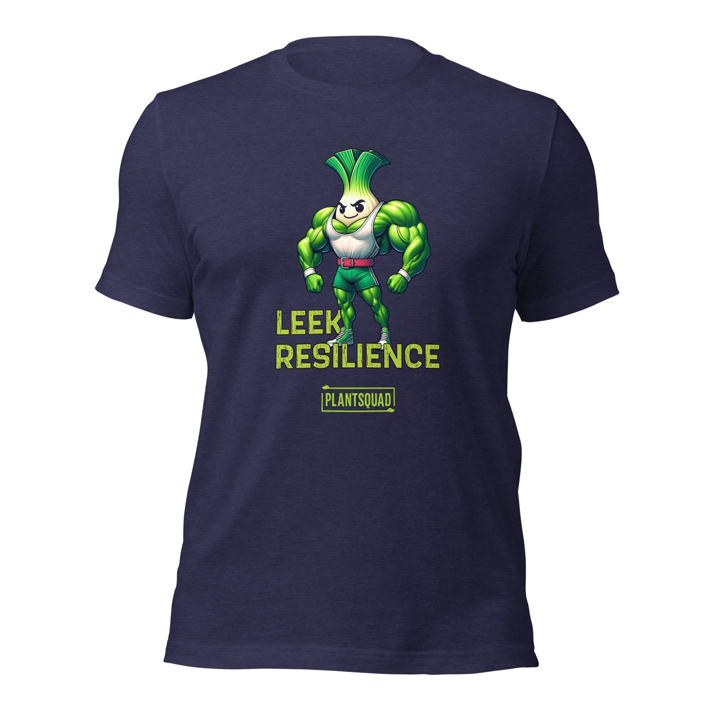 A black T-shirt features a muscular cartoon leek with a determined expression, perfect for embracing a plant-based lifestyle. The leek has a white bulb and green foliage, wearing red shorts. Text reads "Leek Resilience" above and "Plant Squad" below, making it the ultimate fitness t-shirt. Introducing the Plantsquad Leek "Leek Resilience" - Unisex T-Shirt!