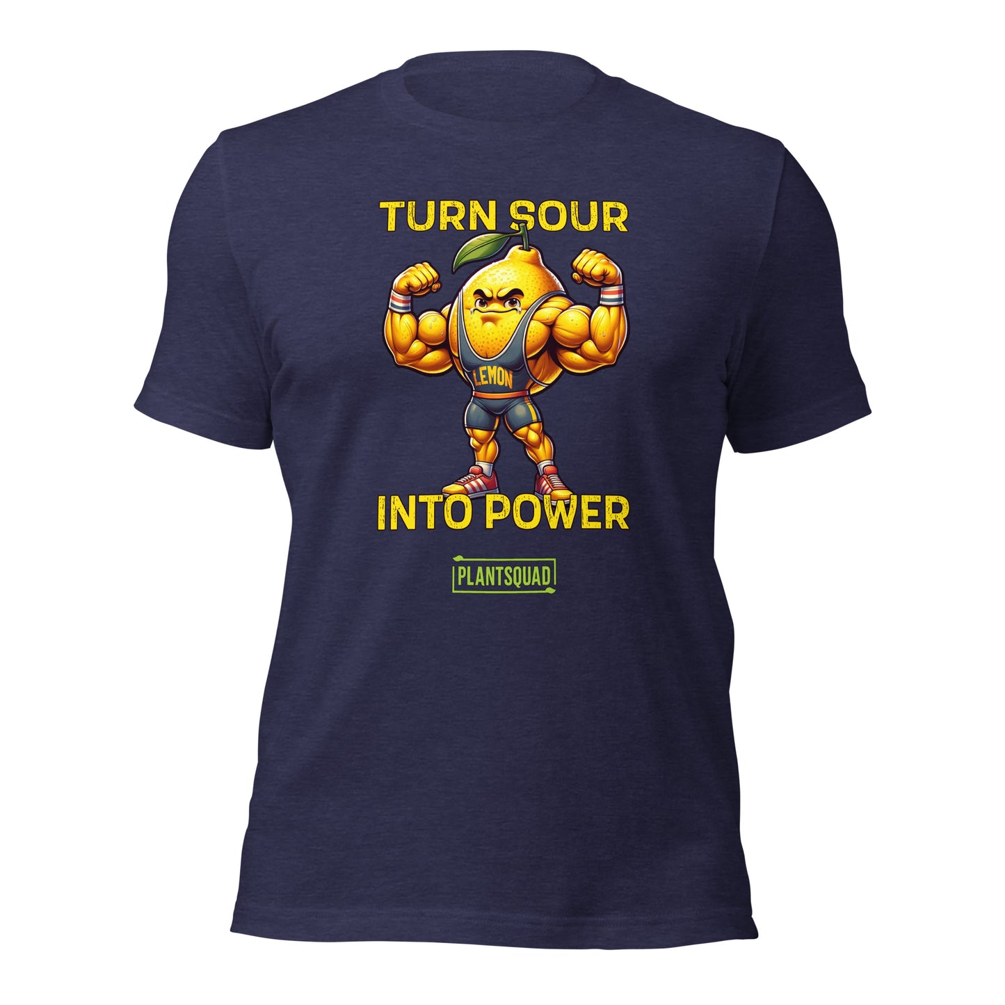 A black gym T-shirt featuring a muscly lemon cartoon flexing its biceps. Yellow text above reads "TURN SOUR," and below says "INTO POWER." A green and yellow label at the bottom displays the word "PLANTSQUAD," perfect for showcasing your Vegan lifestyle. This is the Plantsquad Lemon "Turn Sour Into Power" - Unisex T-Shirt.