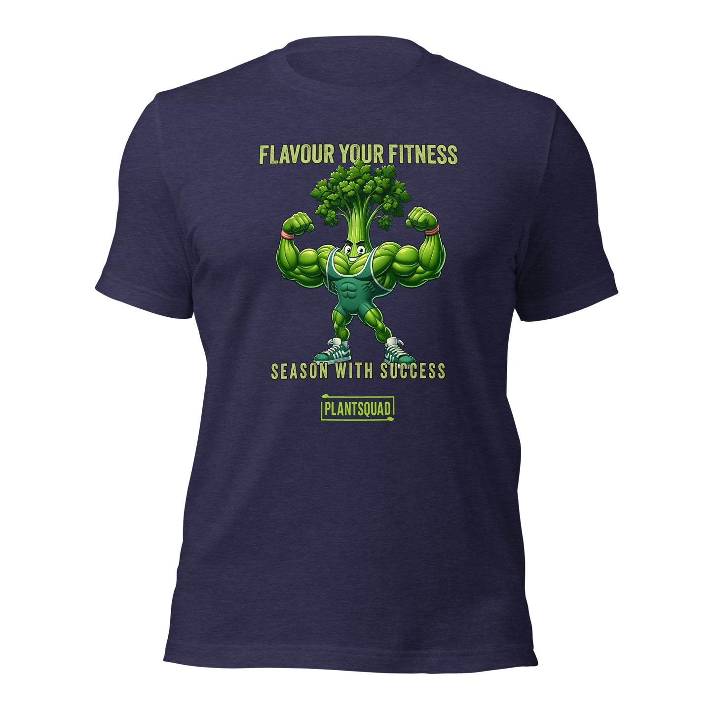 Plantsquad Parsley "Flavour Your Fitness Season With Success" - Unisex T-Shirt with a cartoon muscular broccoli character flexing its arms. The text above the character reads "FLAVOUR YOUR FITNESS." Below the character, the text says "SEASON WITH SUCCESS," and at the bottom, a logo reads "PLANTSQUAD." Perfect for enthusiasts of the vegan lifestyle.