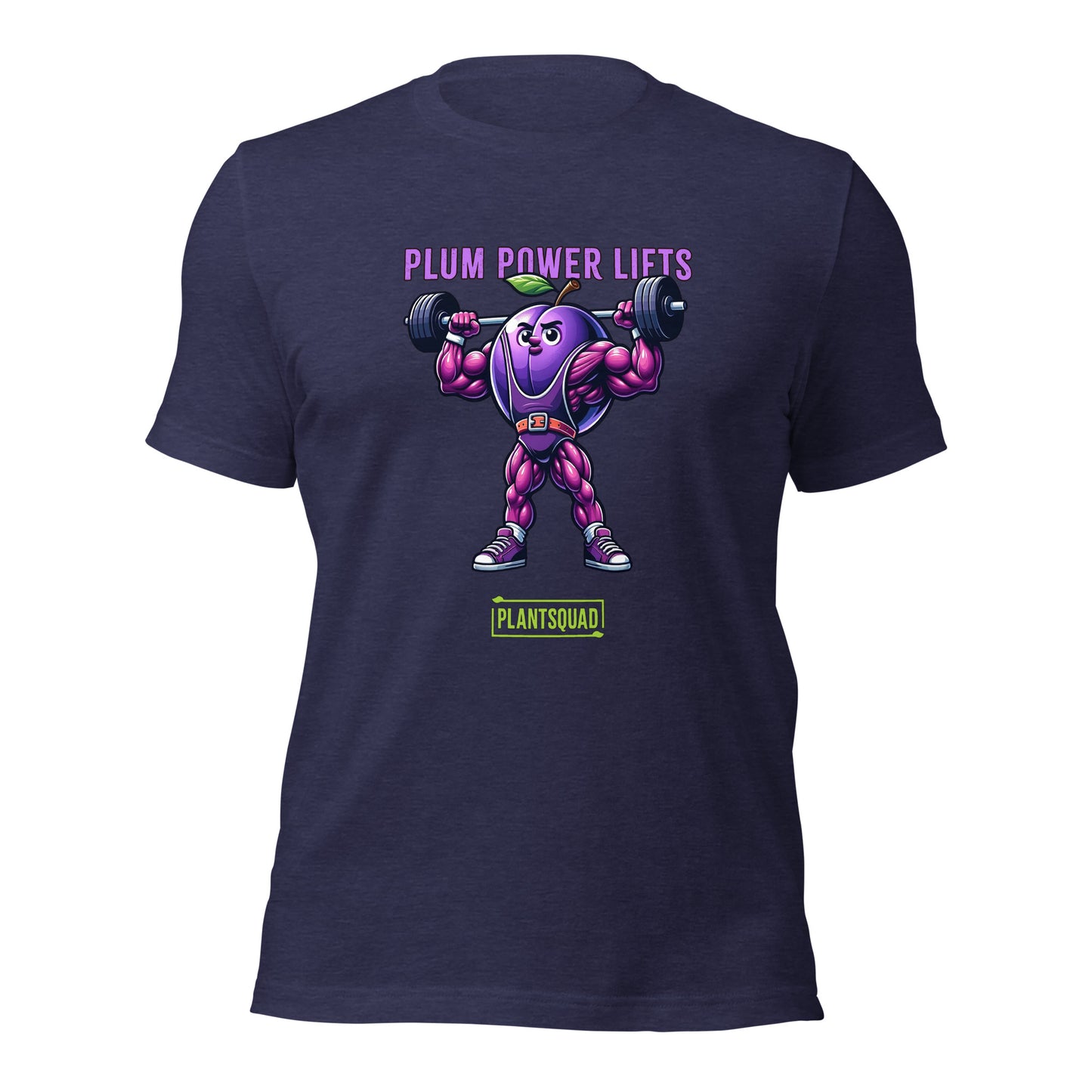 Plantsquad Plum "Plum Power Lifts" - Unisex T-Shirt featuring a cartoon plum with muscular arms and legs lifting a barbell. The text above the image reads "Plum Power Lifts" and below it, there's a logo with "PLANTSQUAD." Perfect for fitness enthusiasts embracing a vegan lifestyle, the plum character is depicted in a vibrant, exaggerated style.