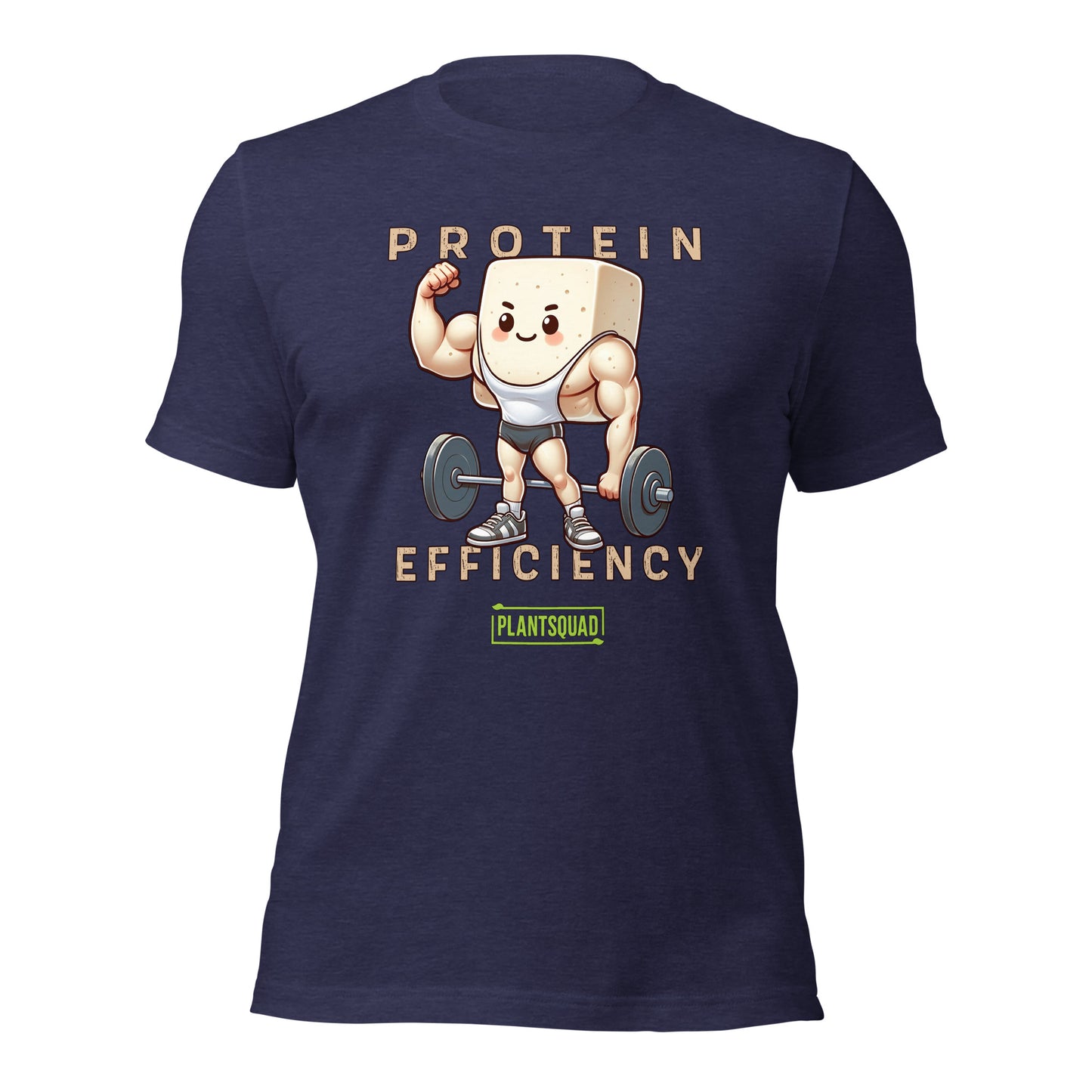 The Plantsquad Tofu "Protein Efficiency" - Unisex T-Shirt features a muscly tofu design with arms, legs, and a headband, lifting a barbell. The text above and below the character reads "PROTEIN EFFICIENCY." The phrase "Plant Squad" is printed below the illustration, perfect for those embracing a vegan fitness journey.