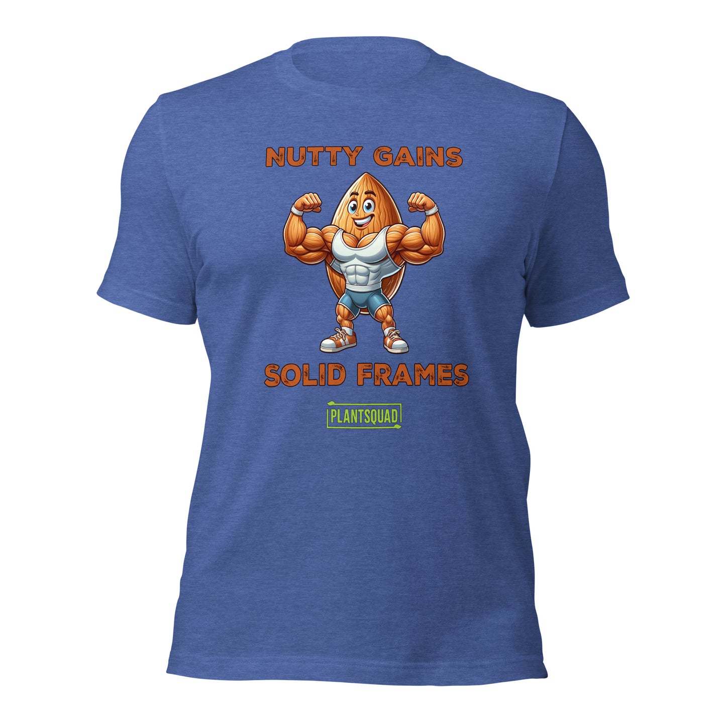 A black T-shirt features a muscular cartoon peanut character flexing its arms. Above the character, text reads "Nutty Gains," and below, "Solid Frames." The Plantsquad Almond "Nutty Gains Solid Frames" - Unisex T-Shirt logo appears at the bottom in green.