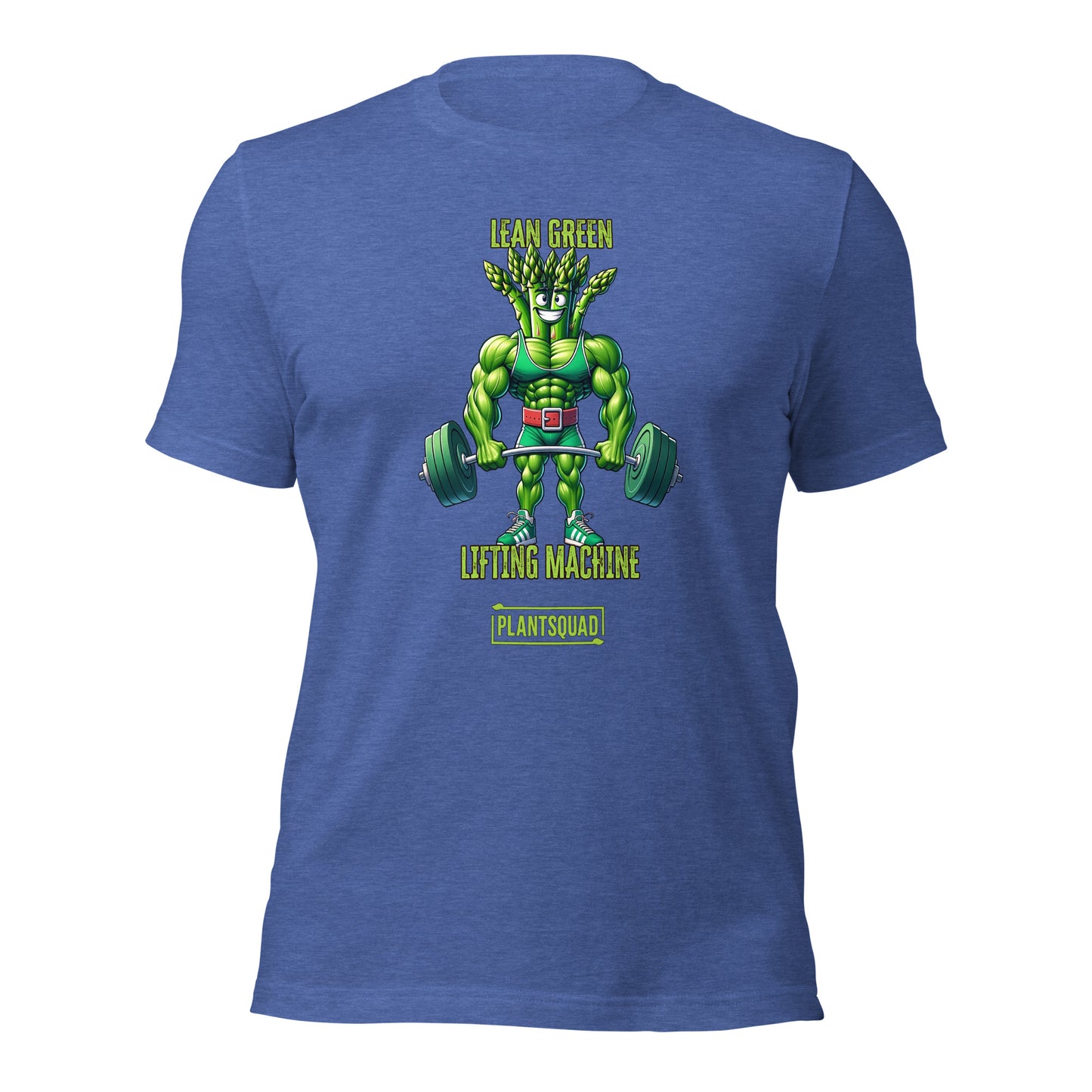 A black T-shirt featuring a muscular green creature holding barbells, under the text "LEAN GREEN LIFTING MACHINE." Below the graphic, a text box proudly reads "Plantsquad Asparagus 'Lean Green Lifting Machine' - Unisex T-Shirt" to represent your team.