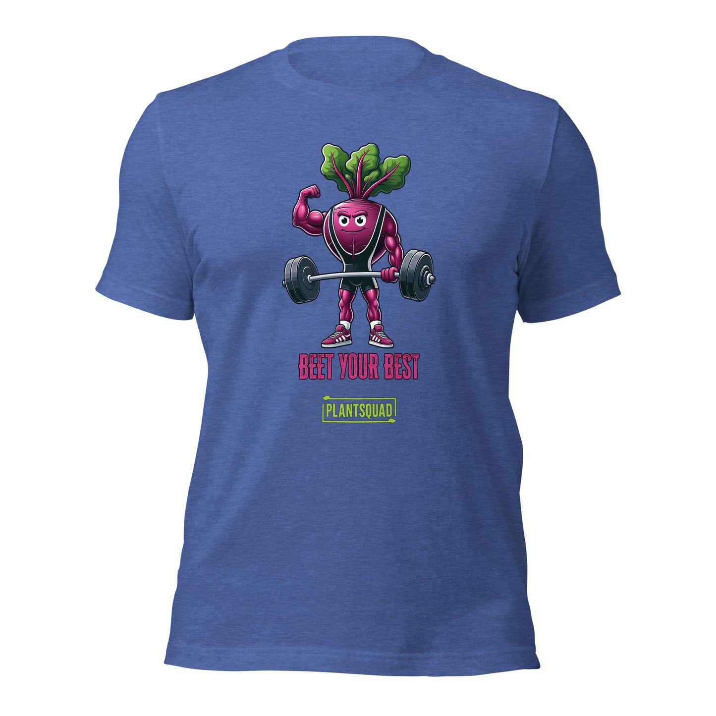 A Plantsquad Beetroot "Beet Your Best" - Unisex T-Shirt featuring a cartoon beetroot lifting weights with a determined expression. Above the beetroot, the text reads, "BEET YOUR BEST," while below it, "PLANTSQUAD" is showcased in a green box.