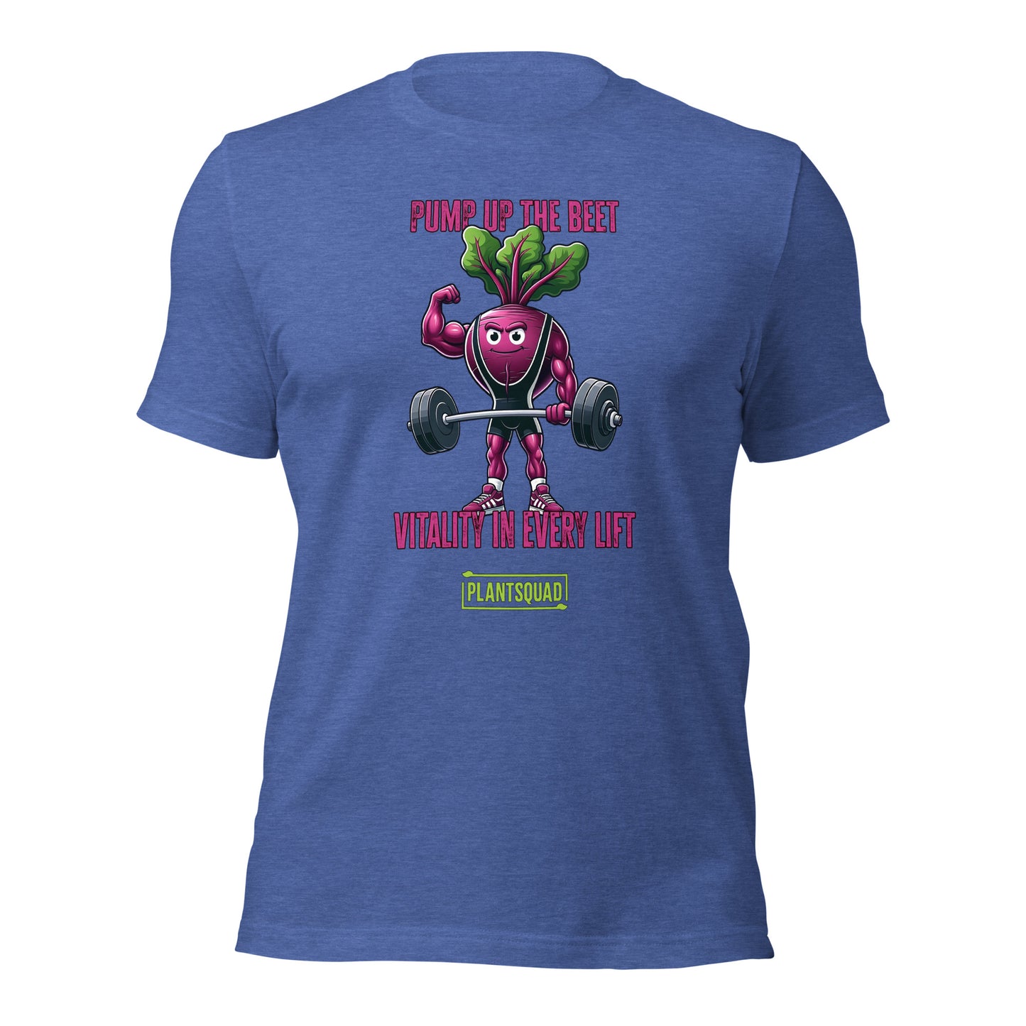 A Plantsquad Beetroot "Pump Up The Beet Vitality In Every Lift" - Unisex T-Shirt showcasing a cartoon beetroot lifting weights with muscular arms. The design includes the text "PUMP UP THE BEET" above the image and "VITALITY IN EVERY LIFT" below it. The phrase "PLANTSQUAD" is prominently displayed at the bottom in yellow and green.
