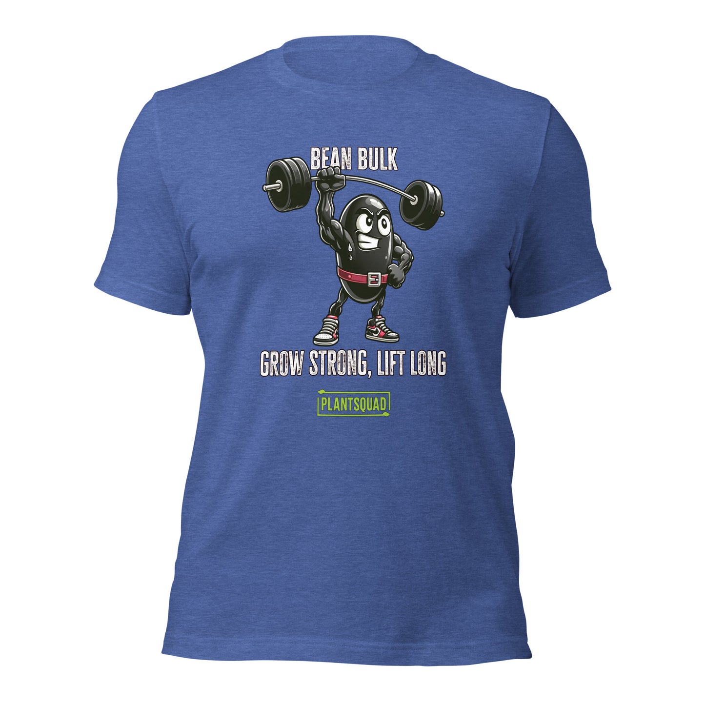 The Plantsquad Black Bean "Bean Bulk Grow Strong Lift Long" - Unisex T-Shirt features a muscular cartoon bean character lifting a barbell. The text above the character reads "Bean Bulk" and below it says "Grow Strong, Lift Long." Proudly show your loyalty to the Plantsquad with the word displayed in a green box at the bottom.