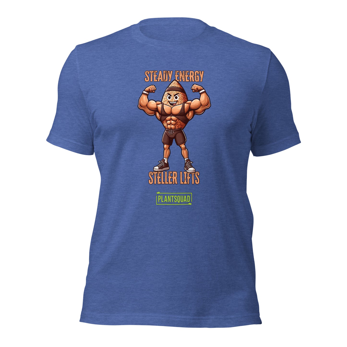 A black t-shirt features an illustration of a muscular peanut character flexing its arms. Above the character, text reads "STEADY ENERGY," and below, text reads "STELLAR LIFTS." A green box at the bottom proudly displays the word "Plantsquad Brown Rice 'Steady Energy Stellar Lifts' - Unisex T-Shirt.