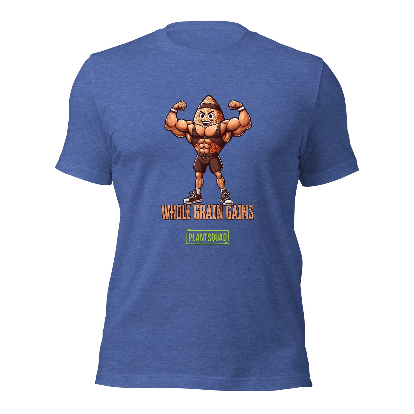 A Plantsquad Brown Rice "Whole Grain Gains" - Unisex T-Shirt featuring an illustration of an anthropomorphic, muscular grain character flexing its biceps. The text "WHOLE GRAIN GAINS" is written below the character, and "PLANTSQUAD" stands out in green within a rectangular box beneath that.