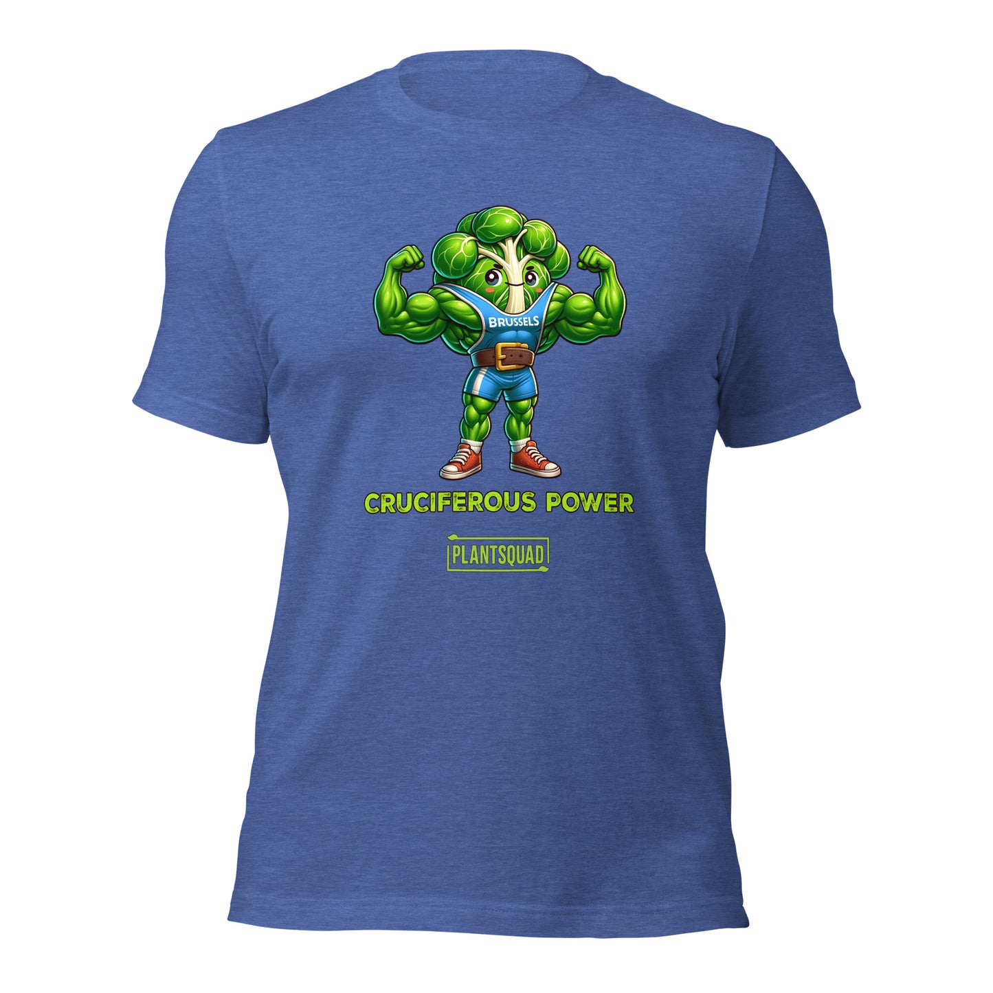 A Plantsquad Brussel Sprout "Cruciferous Power" - Unisex T-Shirt features a muscular cartoon broccoli character in a blue top flexing its biceps. Below the character, bold text reads "CRUCIFEROUS POWER", while underneath in smaller text is the keyword hashtag "plantsquad".