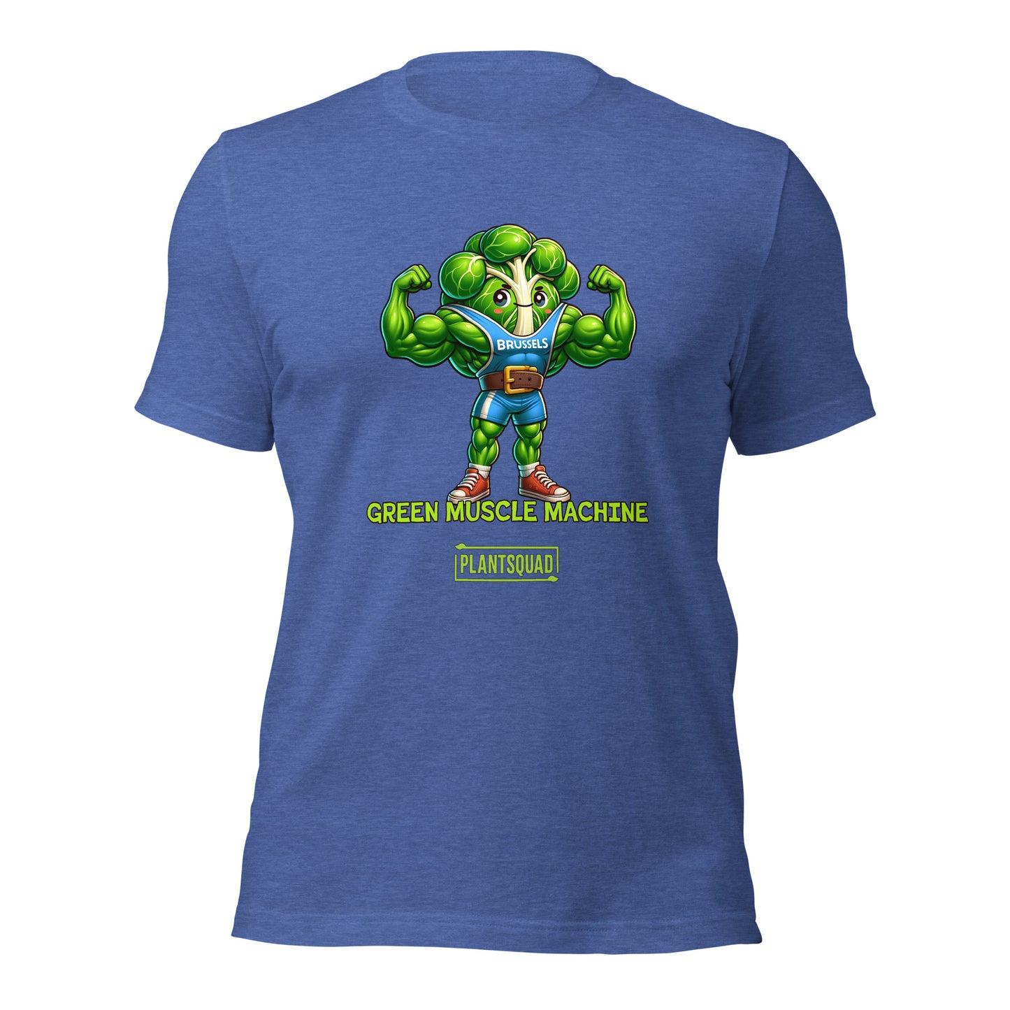 The Plantsquad Brussel Sprout "Green Muscle Machine" - Unisex T-Shirt showcases a muscular, anthropomorphic green broccoli character in a blue tank top flexing its arms. Below the character, the words "GREEN MUSCLE MACHINE" and "#PLANTSQUAD" are emblazoned in vibrant green text.