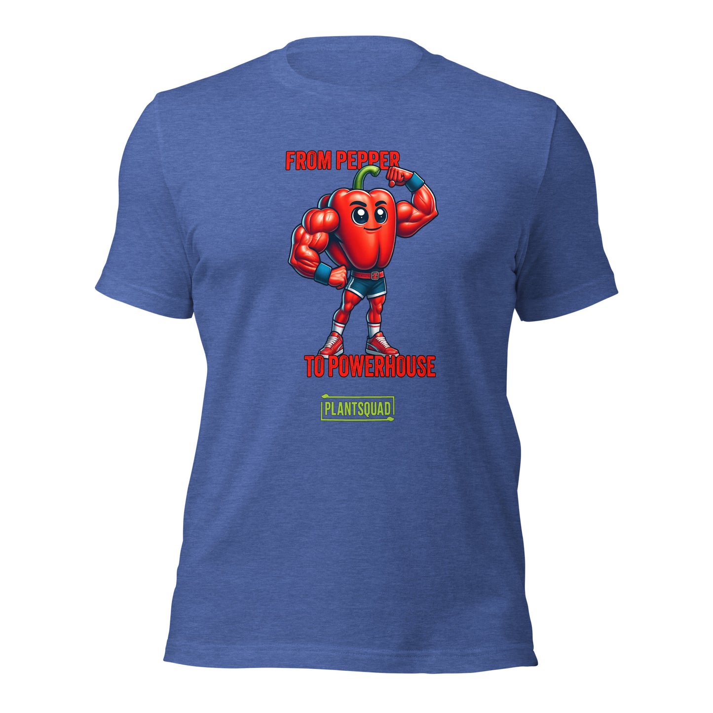 The Plantsquad Capsicum "From Pepper To Powerhouse" - Unisex T-Shirt features a muscular cartoon red bell pepper wearing a superhero outfit with a blue mask and gloves. The text above the character reads "FROM PEPPER TO POWERHOUSE" and below it, #PLANTSQUAD is displayed in a green box.