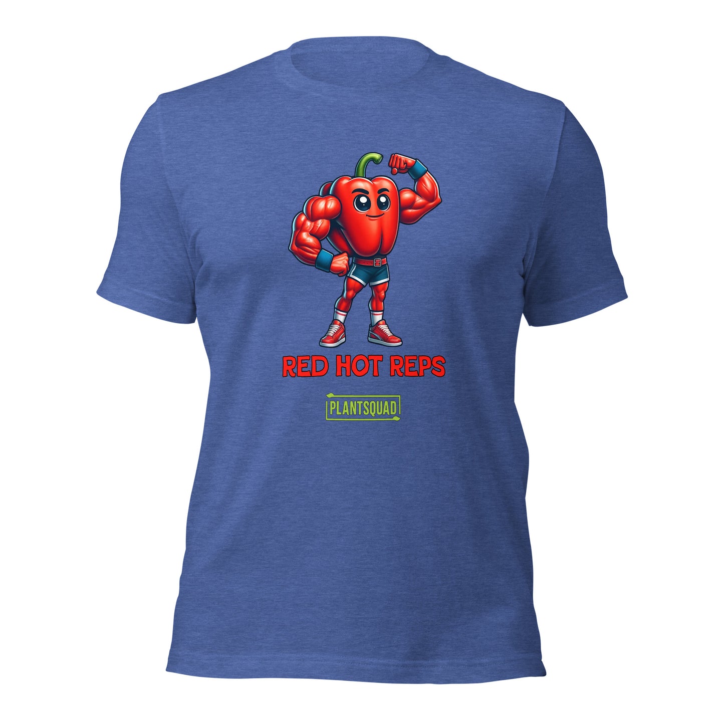 A Plantsquad Capsicum "Red Hot Reps" - Unisex T-Shirt featuring an illustration of a muscular red pepper character flexing its arms. Below the character are the words "RED HOT REPS" in bold red letters, and "PLANTSQUAD" in vibrant green text with a yellow border, showcasing your love for fitness and plant power.