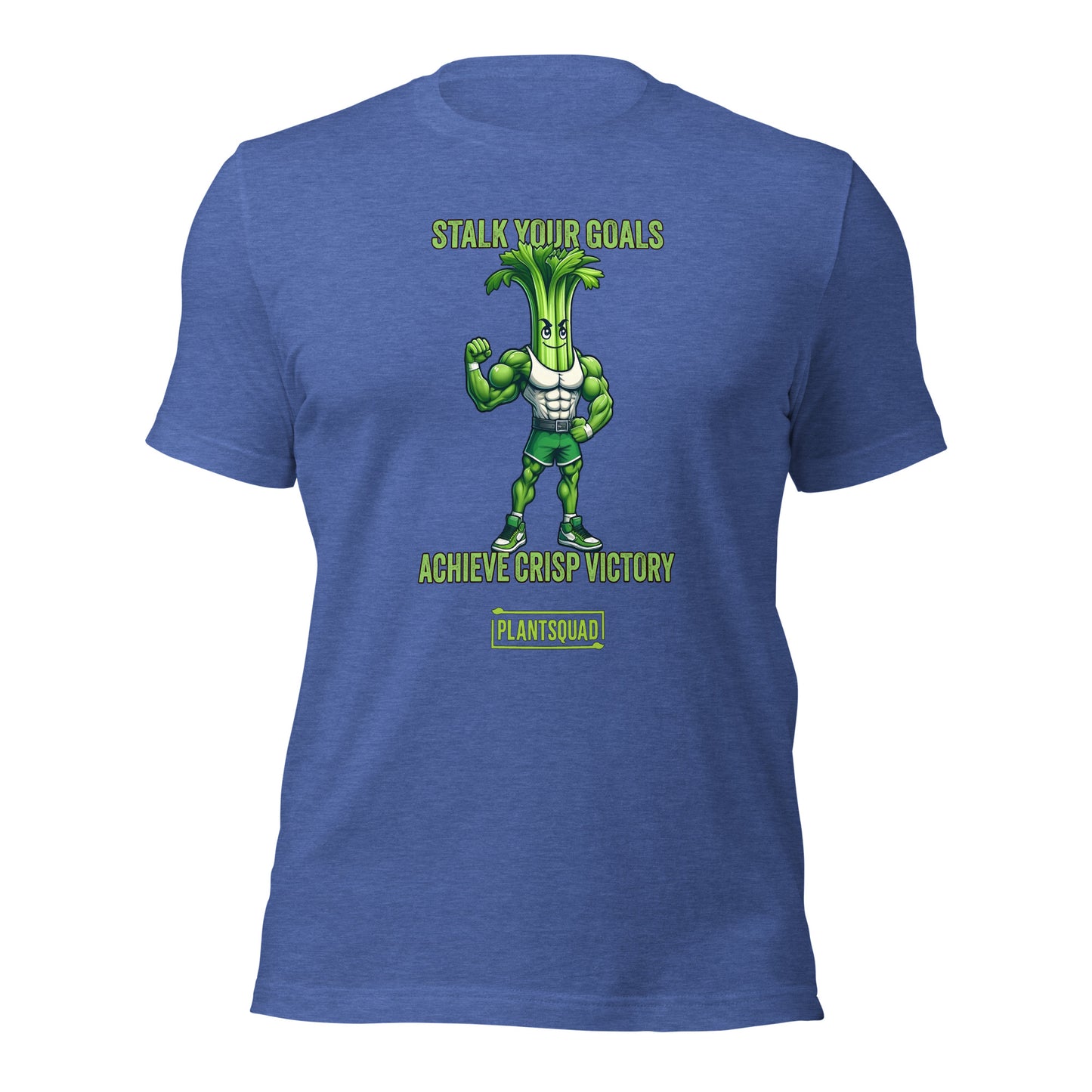 A Plantsquad Celery "Stalk Your Goals Achieve Crisp Victory" - Unisex T-Shirt featuring an illustration of a muscular celery stalk character flexing its arm. The shirt proudly displays "STALK YOUR GOALS" at the top and "ACHIEVE CRISP VICTORY" below the character, with "PLANTSQUAD" showcased in a box at the bottom. Perfect for any plantsquad enthusiast!