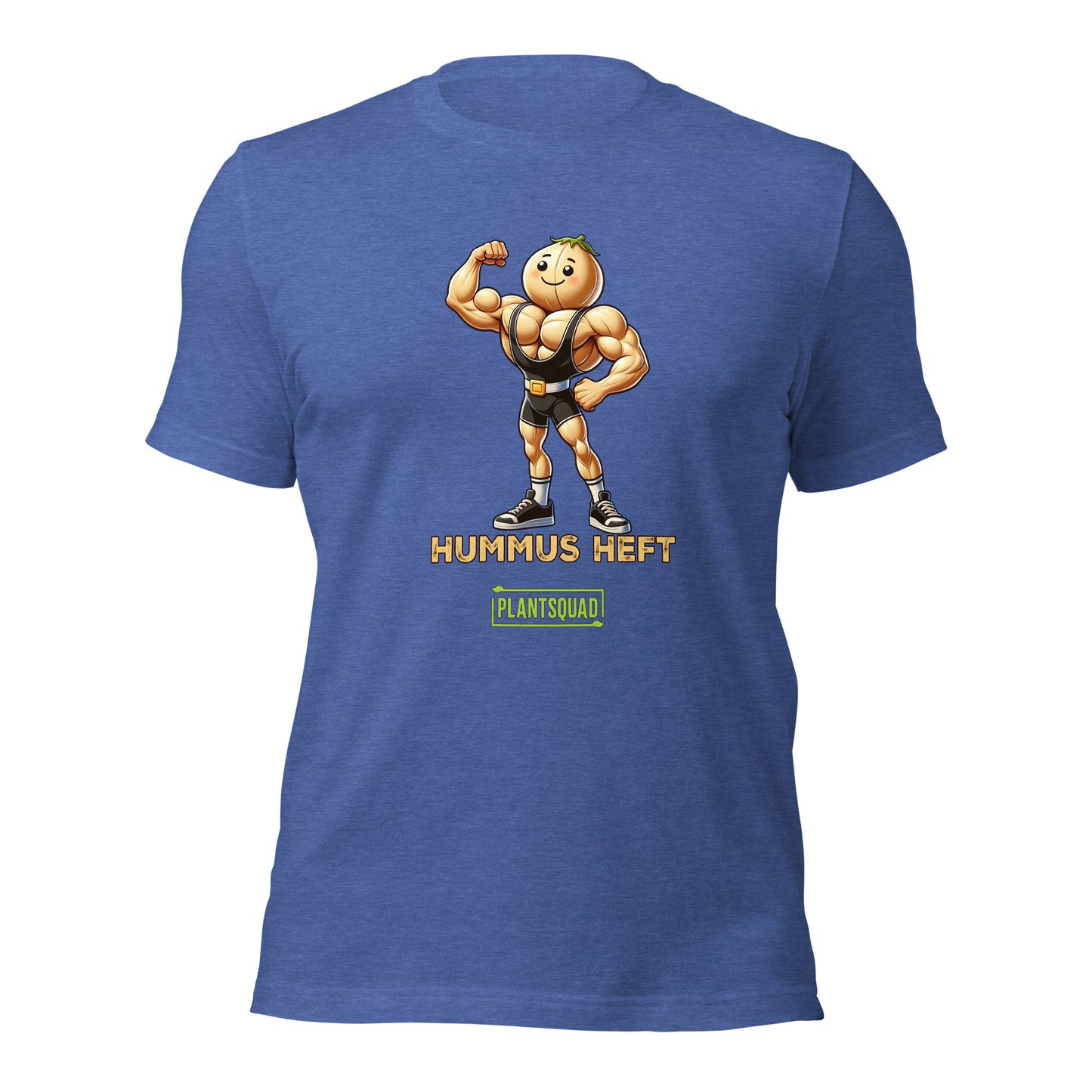 A Plantsquad Chickpea "Hummus Heft" - Unisex T-Shirt featuring a muscular chickpea character flexing its arms. Below the character, the text proudly reads, "HUMMUS HEFT" and "#PLANTSQUAD." The character and text are printed in vibrant yellow and white, adding striking contrast to the black shirt.