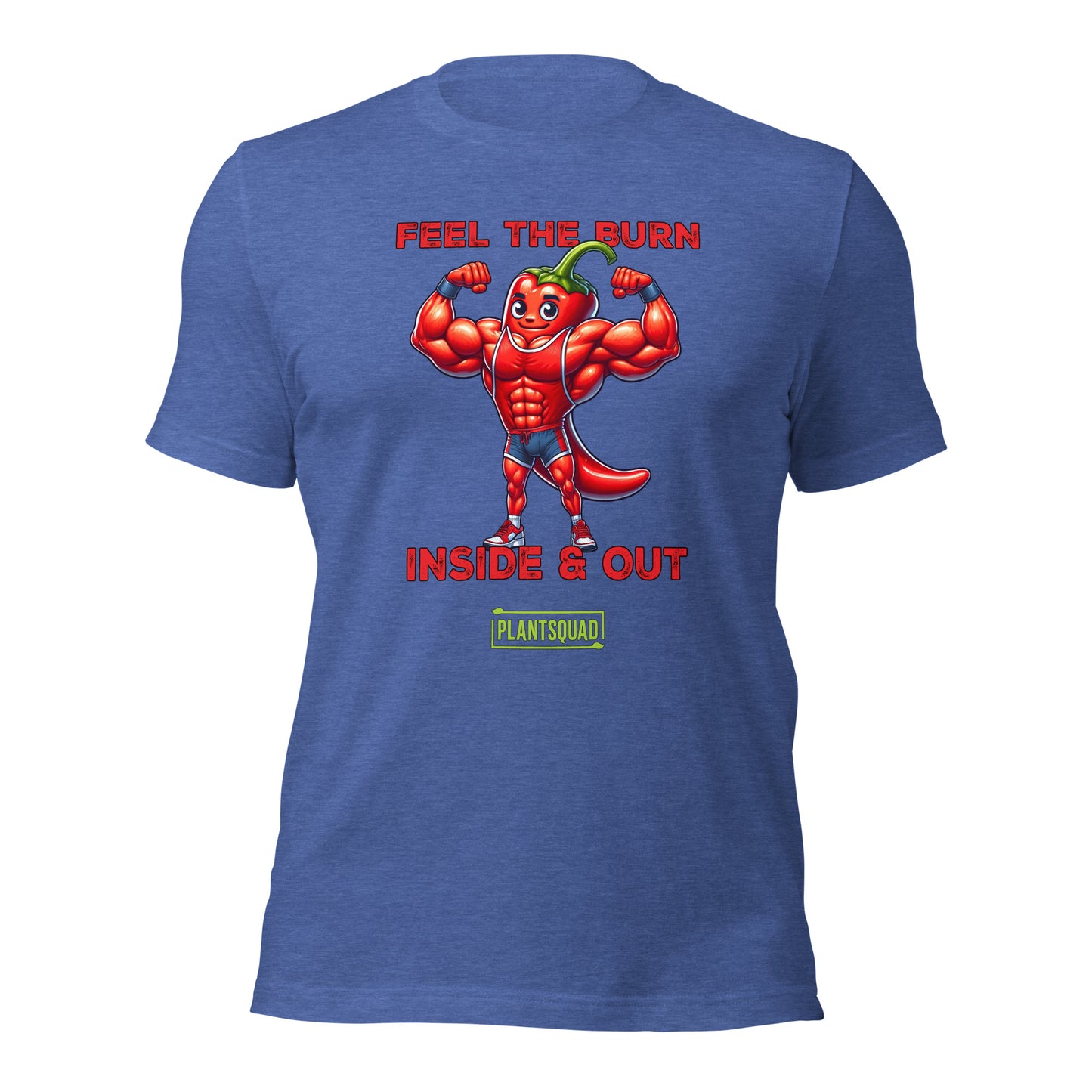 A black T-shirt showcases a muscular, flexing chili pepper character above bold red and white text that reads "FEEL THE BURN INSIDE & OUT". Below this, "Plantsquad Chilli 'Feel The Burn Inside & Out' - Unisex T-Shirt" is prominently featured inside a green rectangular box.