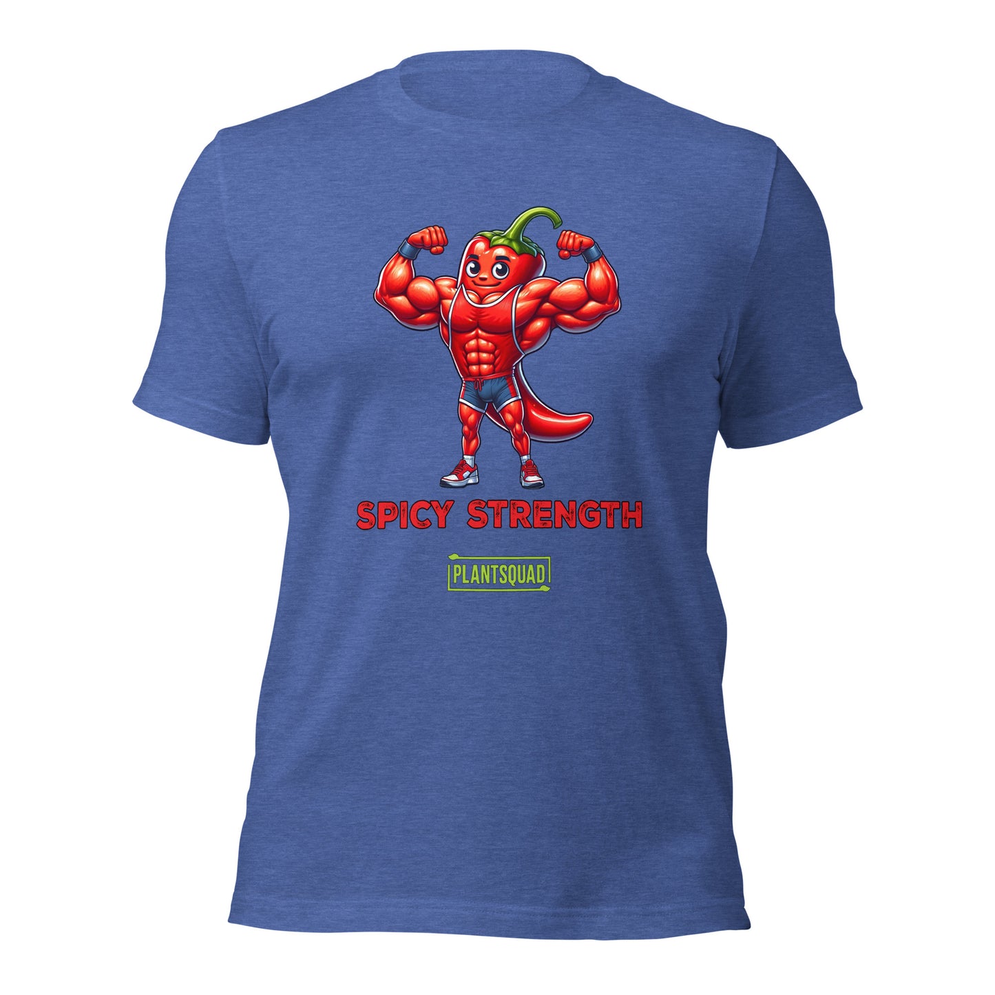 Plantsquad Chilli "Spicy Strength" - Unisex T-Shirt: A black T-shirt featuring a muscular cartoon chili pepper flexing its arms under the words "SPICY STRENGTH" in bold red text. Below that is the green and yellow Plantsquad logo, adding a touch of flair.